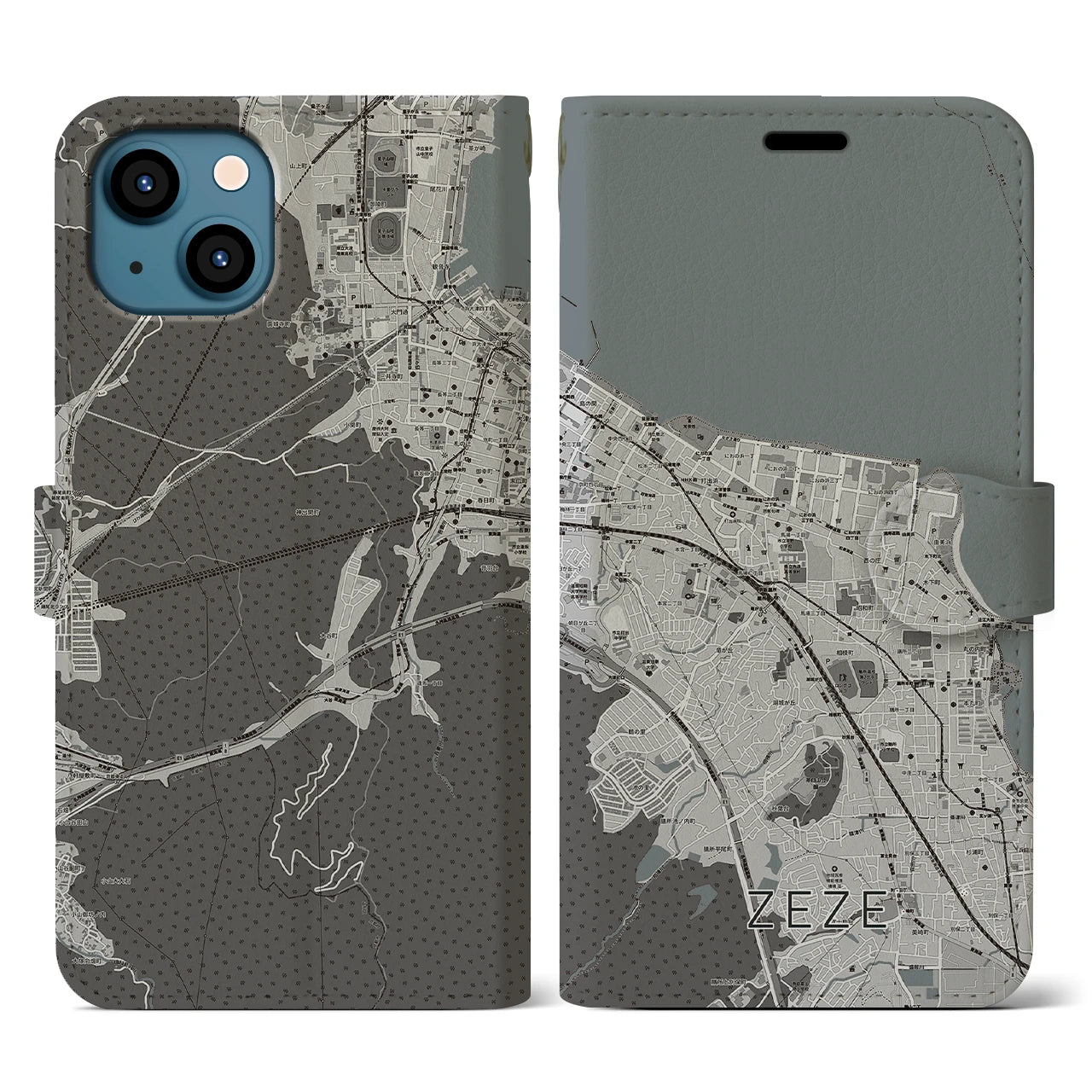 【膳所(滋賀県)】地図柄iPhoneケース(手帳タイプ)モノトーン・iPhone 13 用