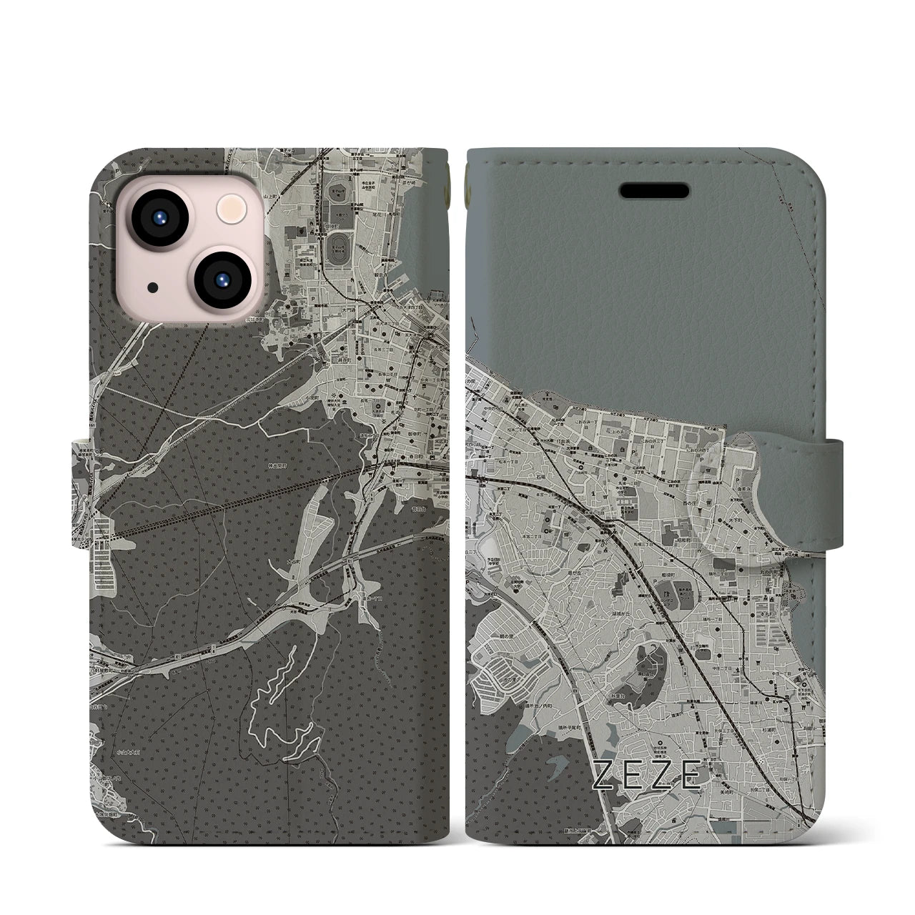 【膳所(滋賀県)】地図柄iPhoneケース(手帳タイプ)モノトーン・iPhone 13 mini 用