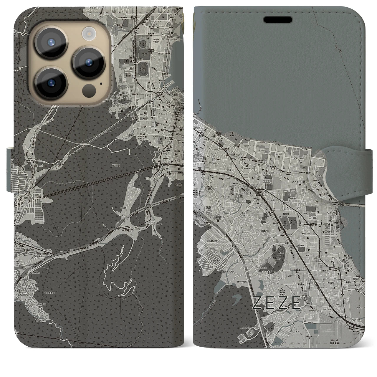 【膳所(滋賀県)】地図柄iPhoneケース(手帳タイプ)モノトーン・iPhone 14 Pro Max 用