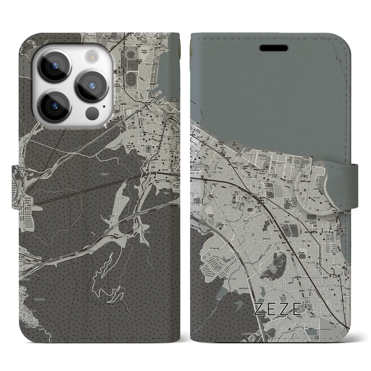 【膳所(滋賀県)】地図柄iPhoneケース(手帳タイプ)モノトーン・iPhone 14 Pro 用