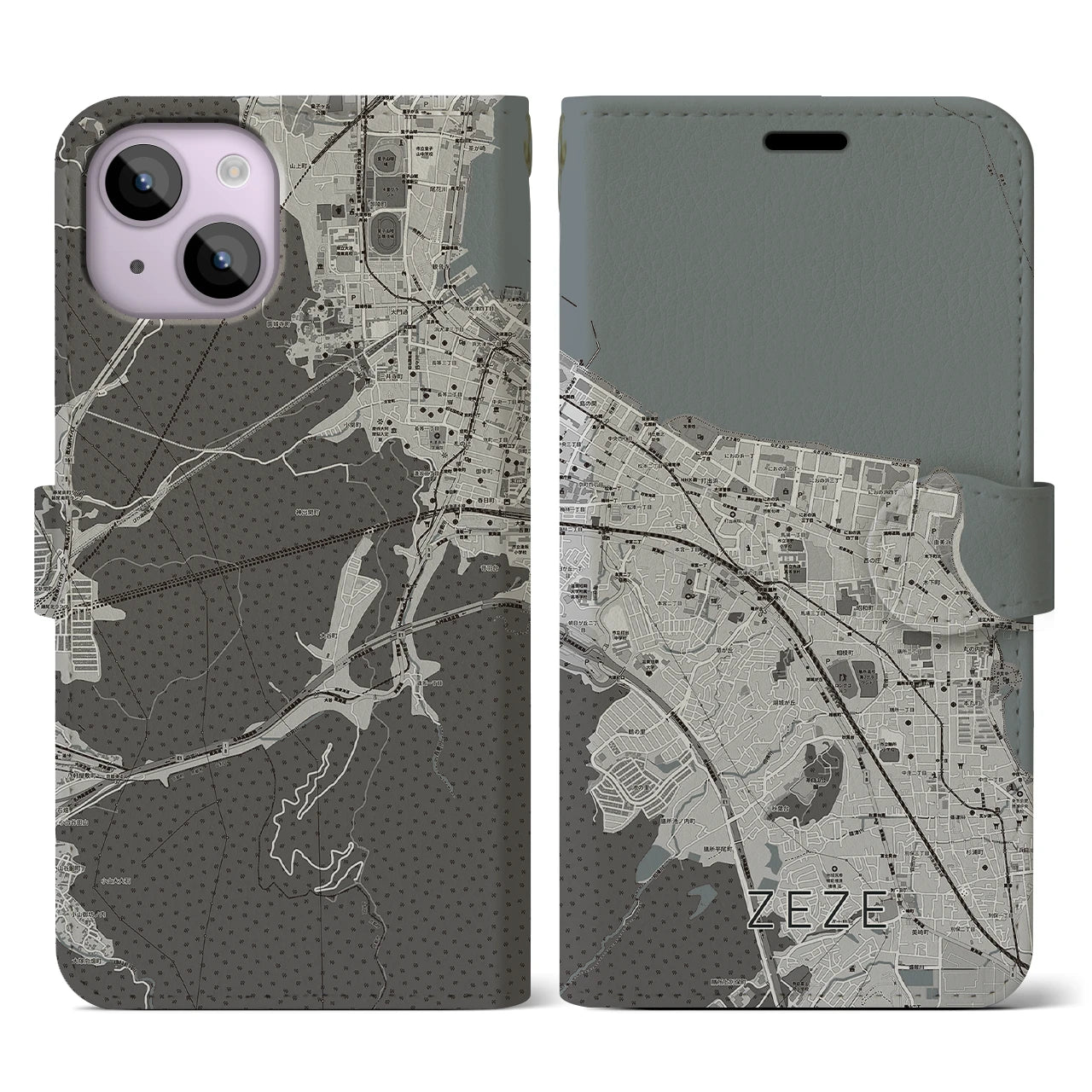 【膳所(滋賀県)】地図柄iPhoneケース(手帳タイプ)モノトーン・iPhone 14 用