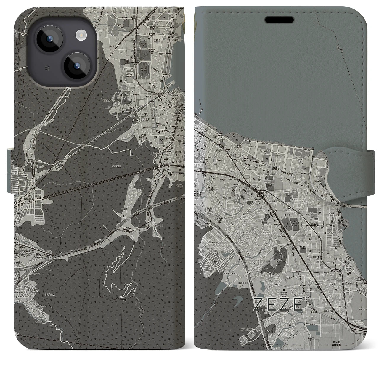 【膳所(滋賀県)】地図柄iPhoneケース(手帳タイプ)モノトーン・iPhone 14 Plus 用
