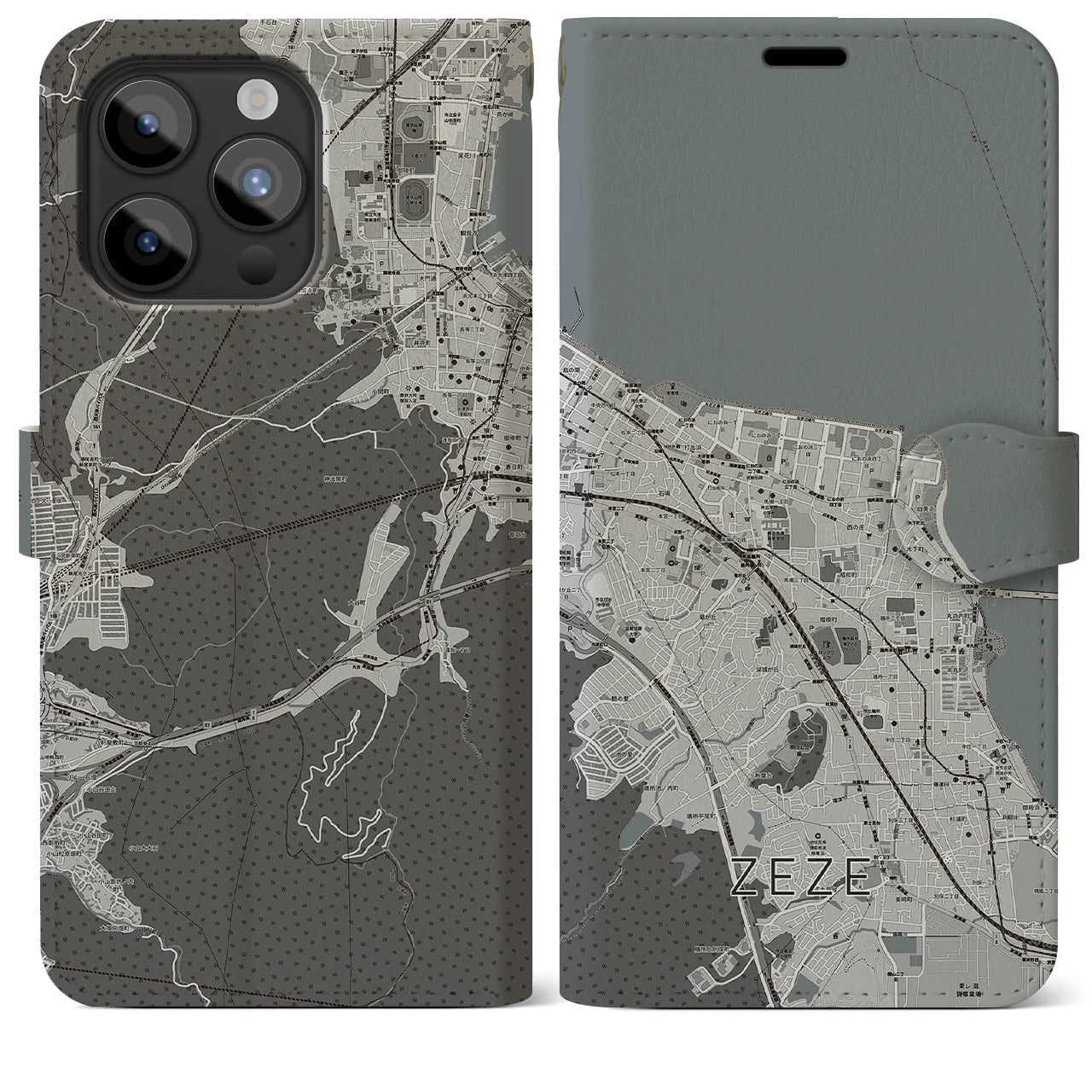 【膳所(滋賀県)】地図柄iPhoneケース(手帳タイプ)モノトーン・iPhone 15 Pro Max 用
