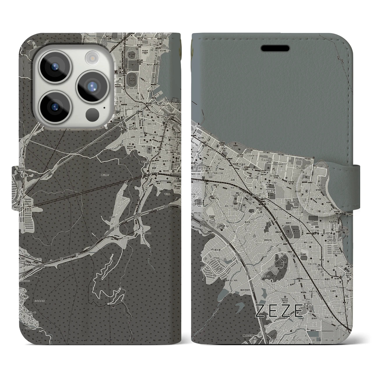 【膳所(滋賀県)】地図柄iPhoneケース(手帳タイプ)モノトーン・iPhone 15 Pro 用