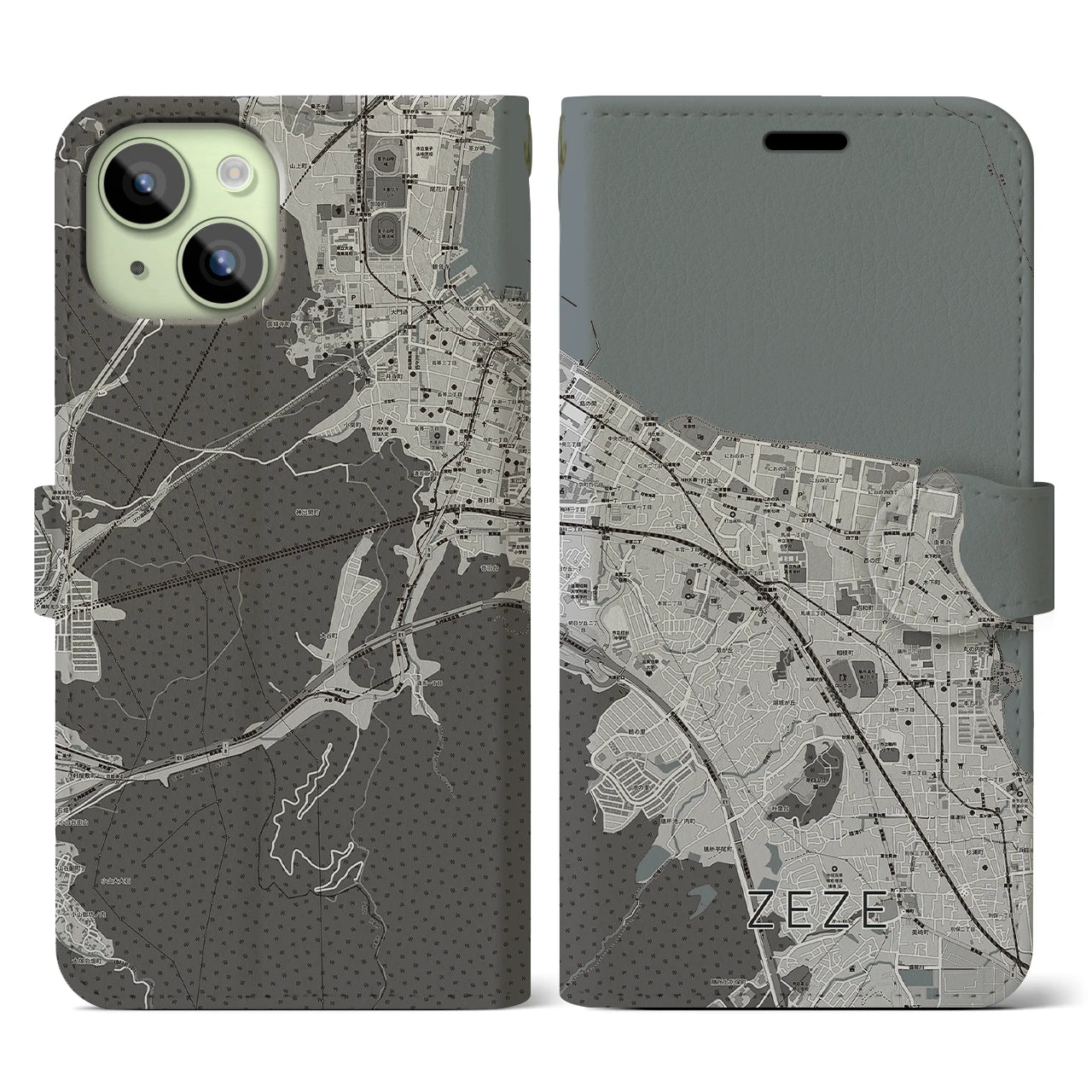 【膳所(滋賀県)】地図柄iPhoneケース(手帳タイプ)モノトーン・iPhone 15 用