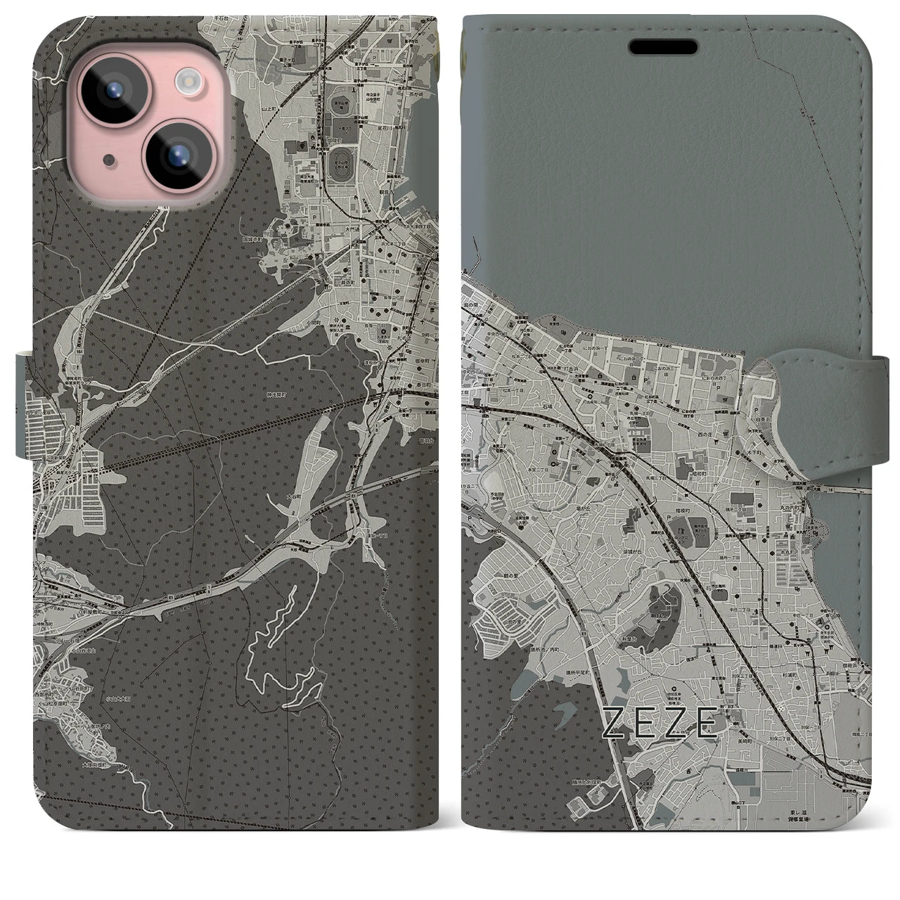 【膳所(滋賀県)】地図柄iPhoneケース(手帳タイプ)モノトーン・iPhone 15 Plus 用