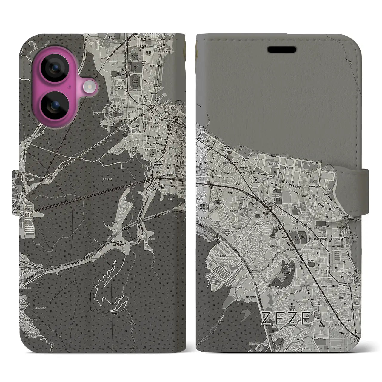 【膳所(滋賀県)】地図柄iPhoneケース(手帳タイプ)モノトーン・iPhone 16 Pro 用