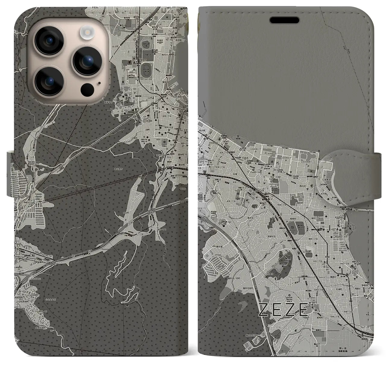 【膳所(滋賀県)】地図柄iPhoneケース(手帳タイプ)モノトーン・iPhone 16 Plus 用