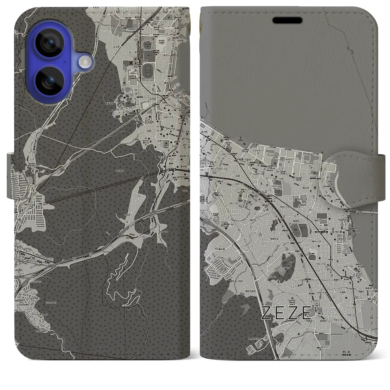 【膳所(滋賀県)】地図柄iPhoneケース(手帳タイプ)モノトーン・iPhone 16 Pro Max 用