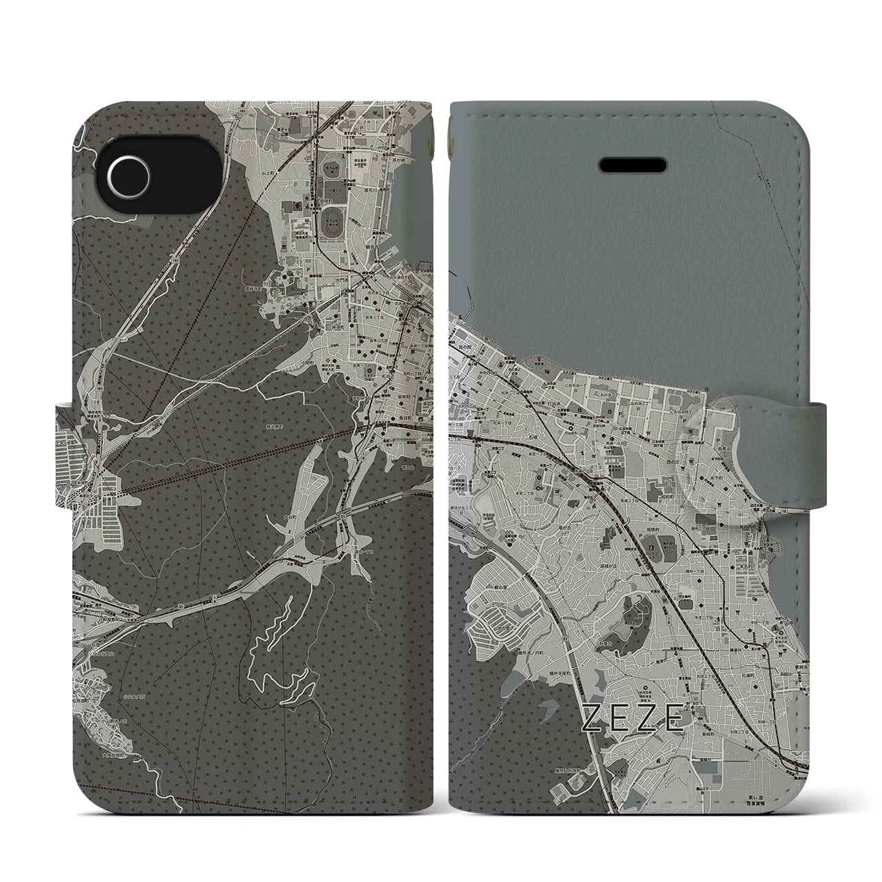 【膳所(滋賀県)】地図柄iPhoneケース(手帳タイプ)モノトーン・iPhone SE(第3 / 第2世代) / 8 / 7 / 6s / 6 用