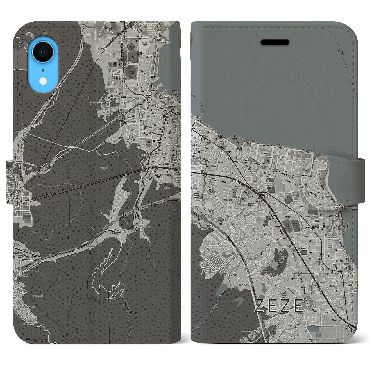 【膳所(滋賀県)】地図柄iPhoneケース(手帳タイプ)モノトーン・iPhone XR 用