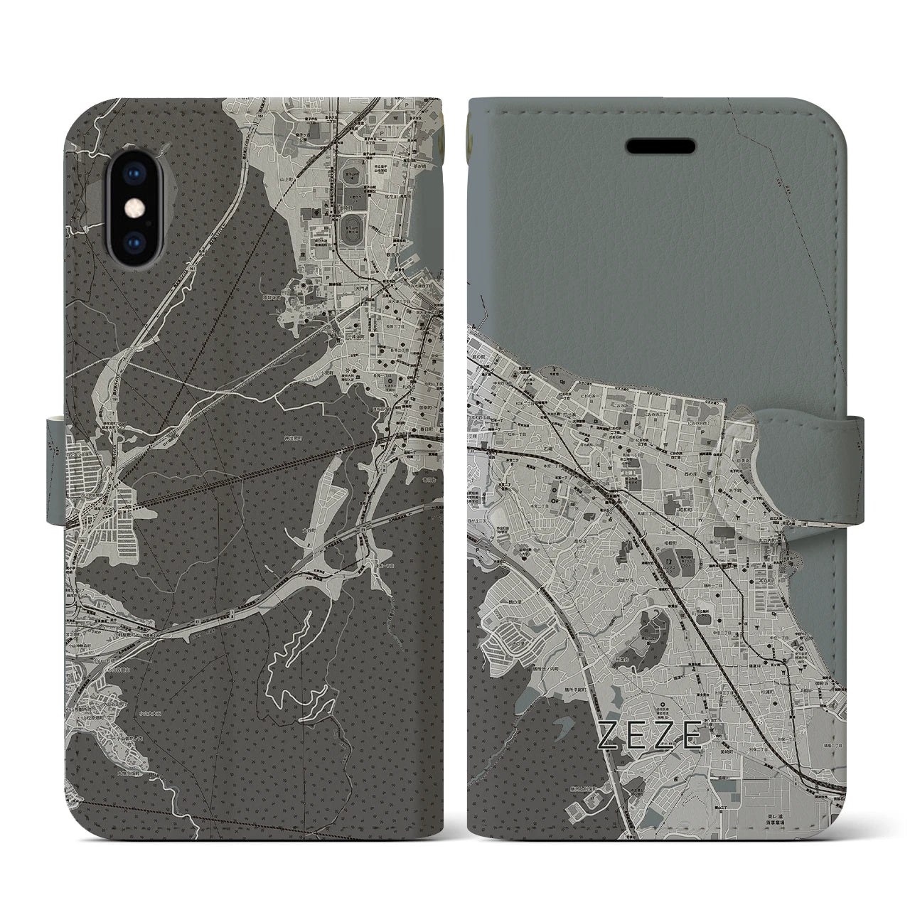 【膳所(滋賀県)】地図柄iPhoneケース(手帳タイプ)モノトーン・iPhone XS / X 用