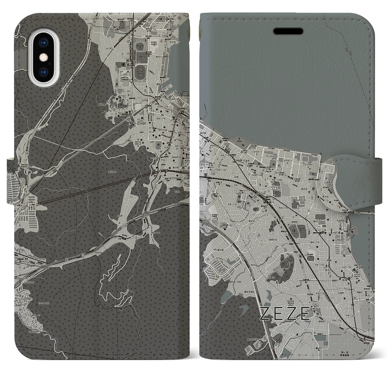 【膳所(滋賀県)】地図柄iPhoneケース(手帳タイプ)モノトーン・iPhone XS Max 用