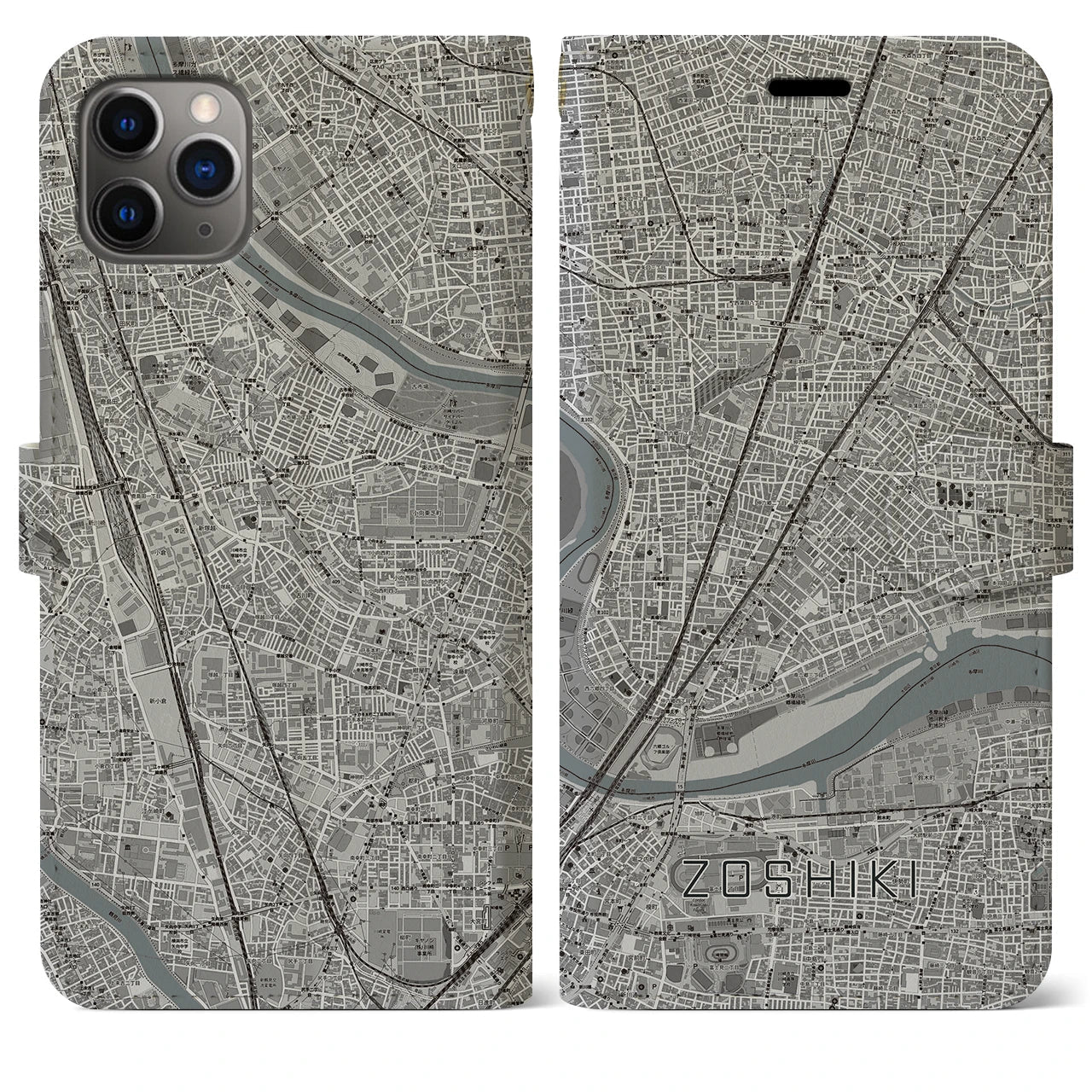 【雑色(東京都)】地図柄iPhoneケース(手帳タイプ)モノトーン・iPhone 11 Pro Max 用