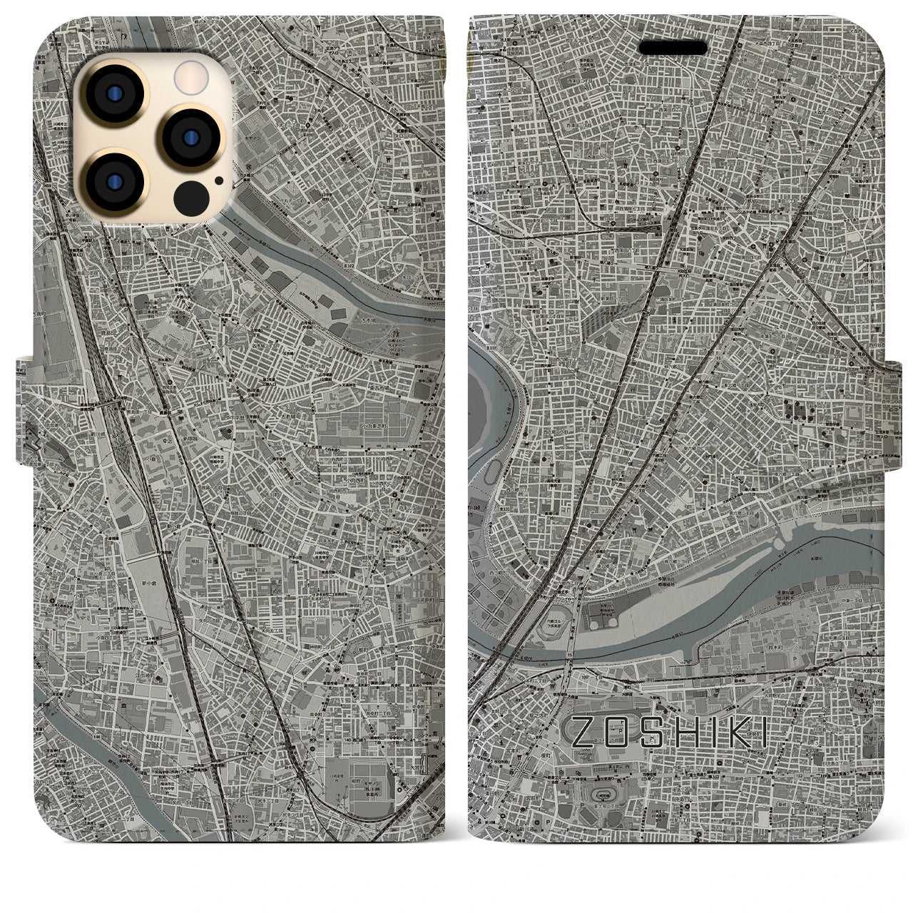 【雑色(東京都)】地図柄iPhoneケース(手帳タイプ)モノトーン・iPhone 12 Pro Max 用