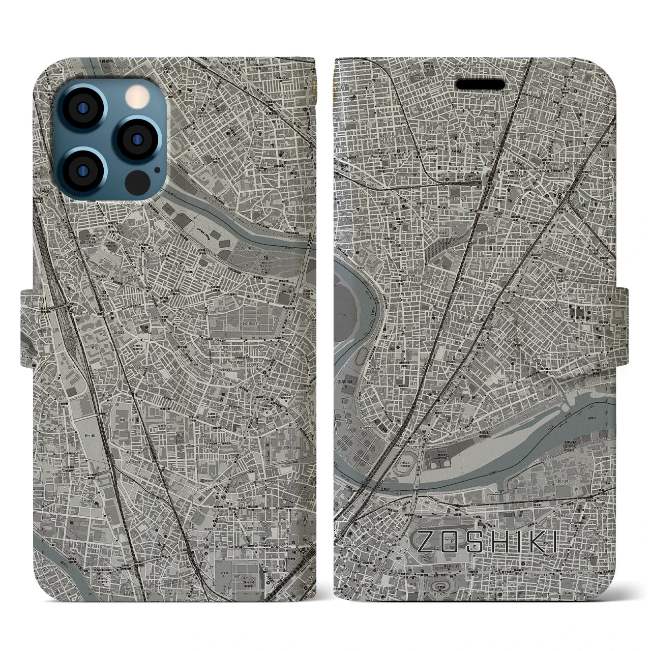 【雑色(東京都)】地図柄iPhoneケース(手帳タイプ)モノトーン・iPhone 12 / 12 Pro 用