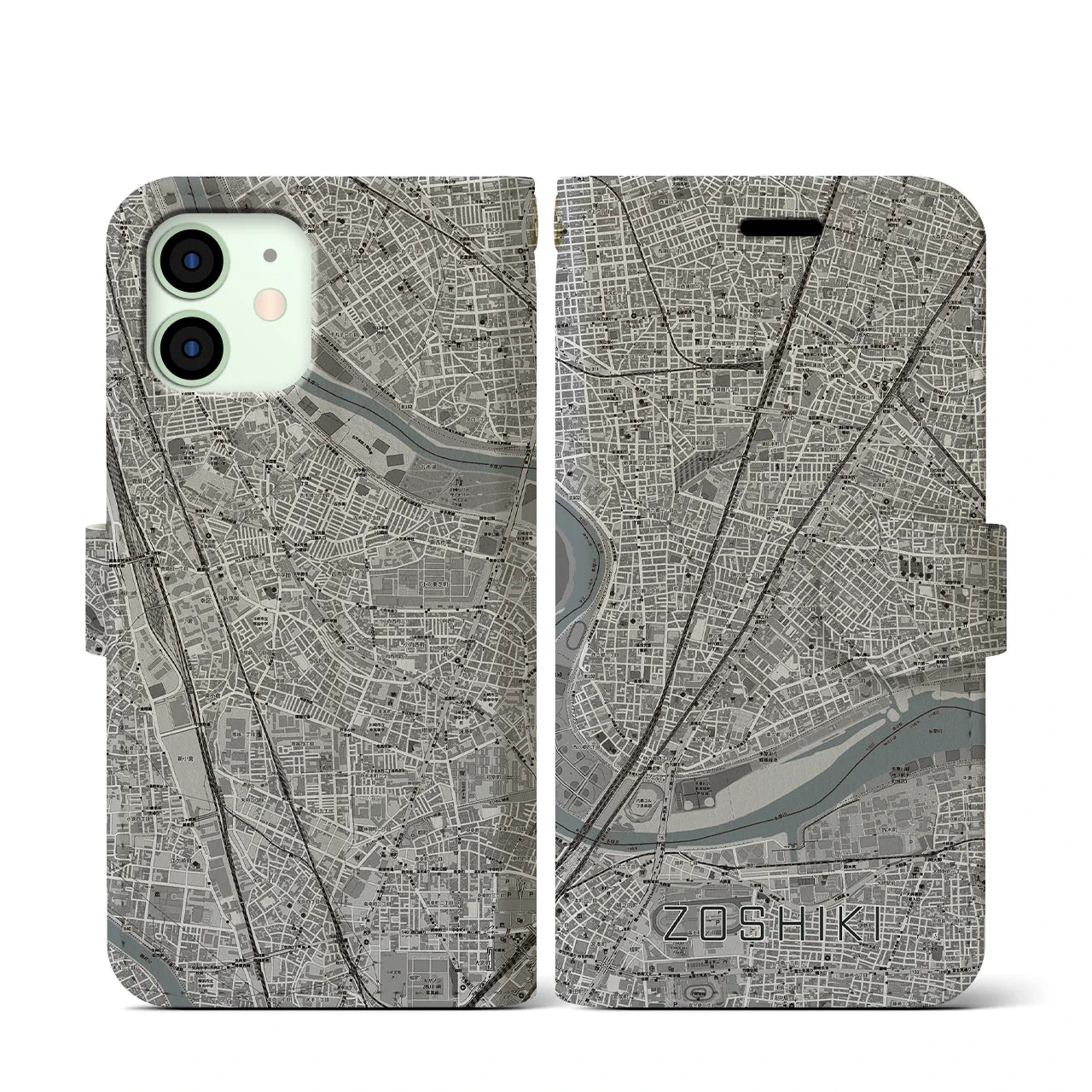 【雑色(東京都)】地図柄iPhoneケース(手帳タイプ)モノトーン・iPhone 12 mini 用