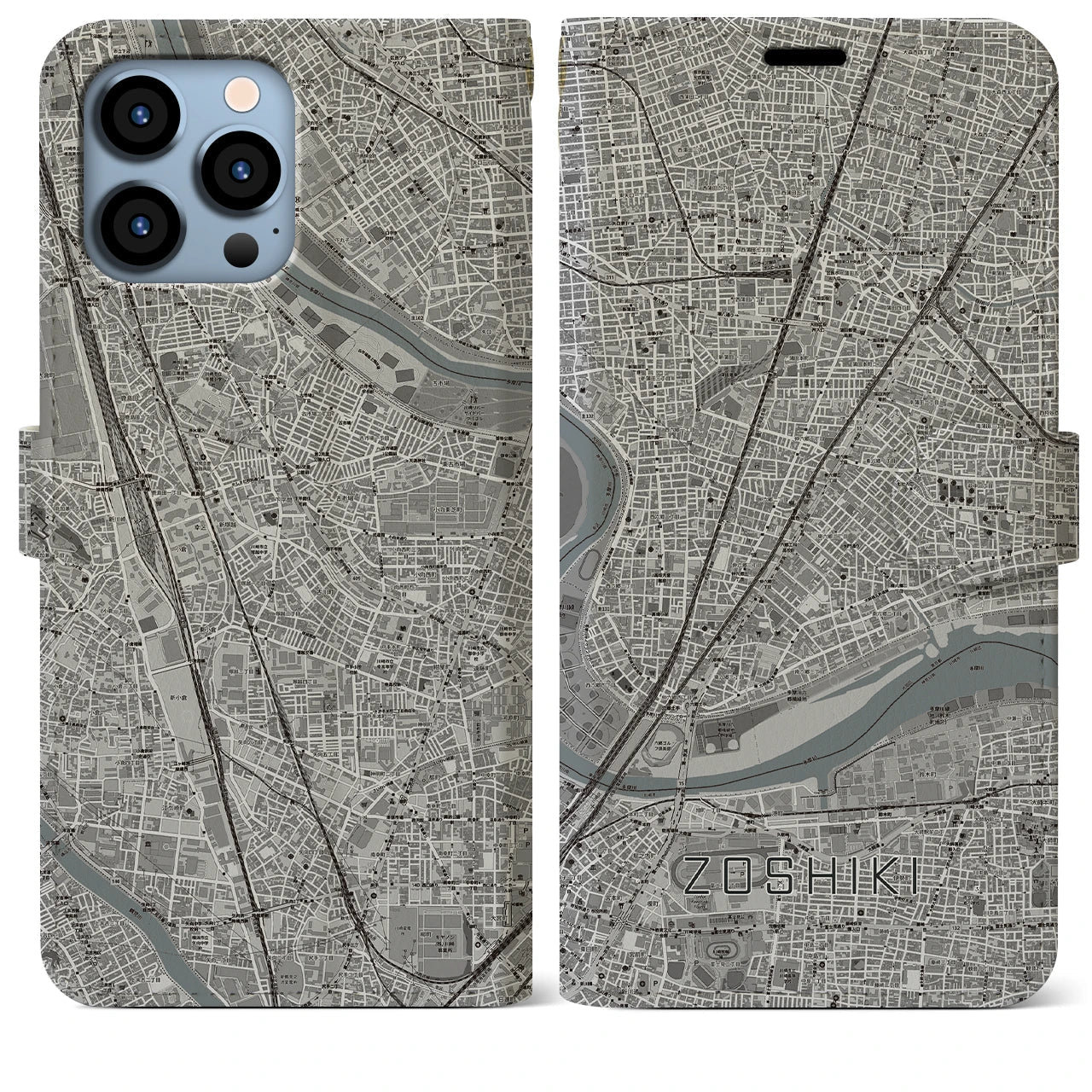 【雑色(東京都)】地図柄iPhoneケース(手帳タイプ)モノトーン・iPhone 13 Pro Max 用
