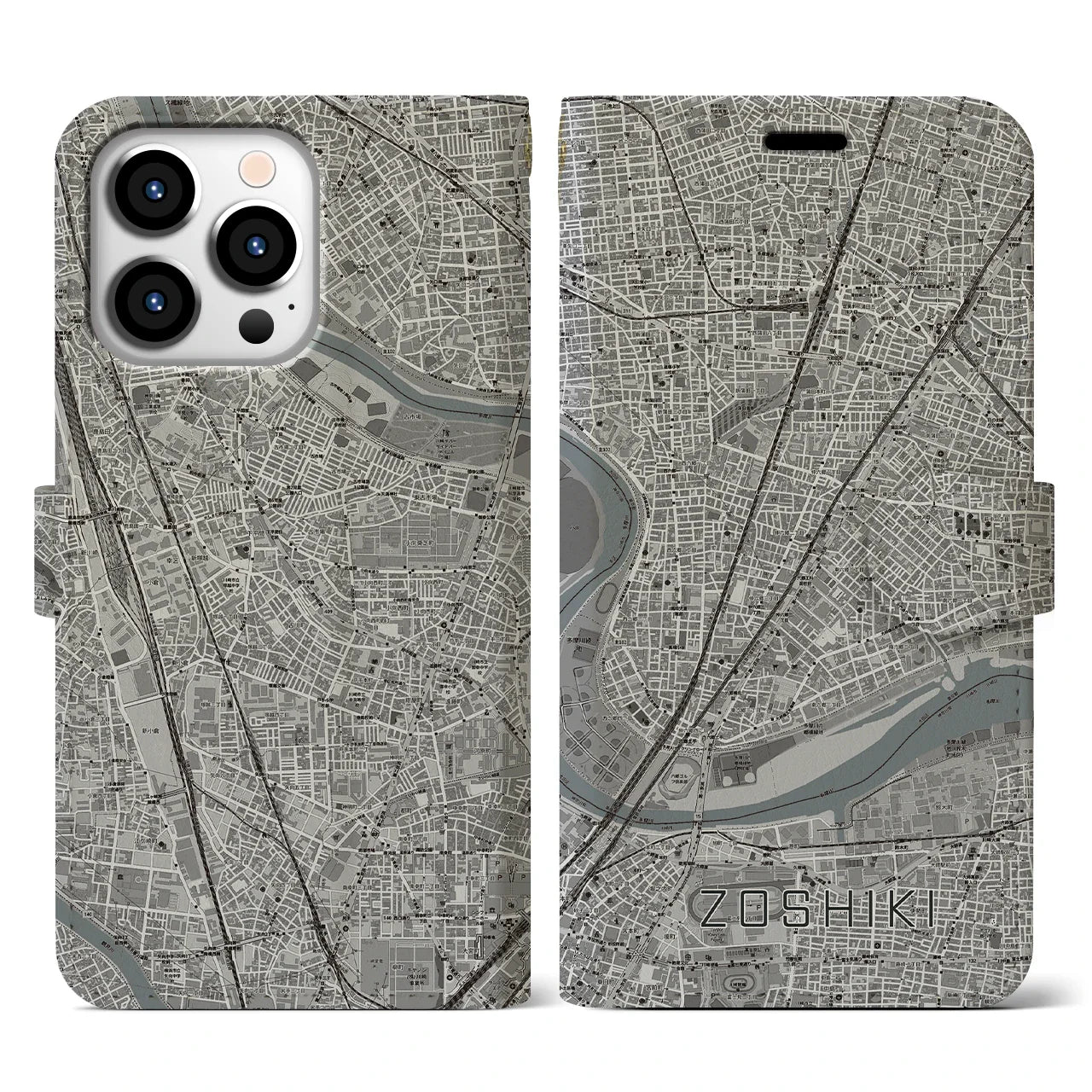 【雑色(東京都)】地図柄iPhoneケース(手帳タイプ)モノトーン・iPhone 13 Pro 用