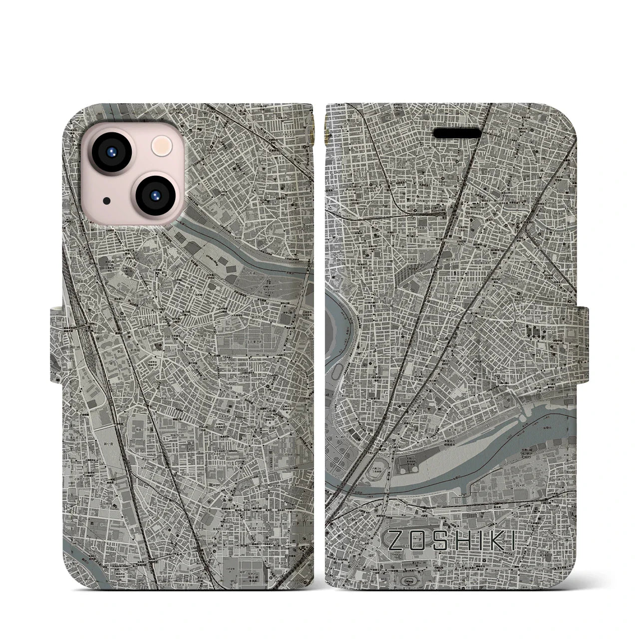 【雑色(東京都)】地図柄iPhoneケース(手帳タイプ)モノトーン・iPhone 13 mini 用