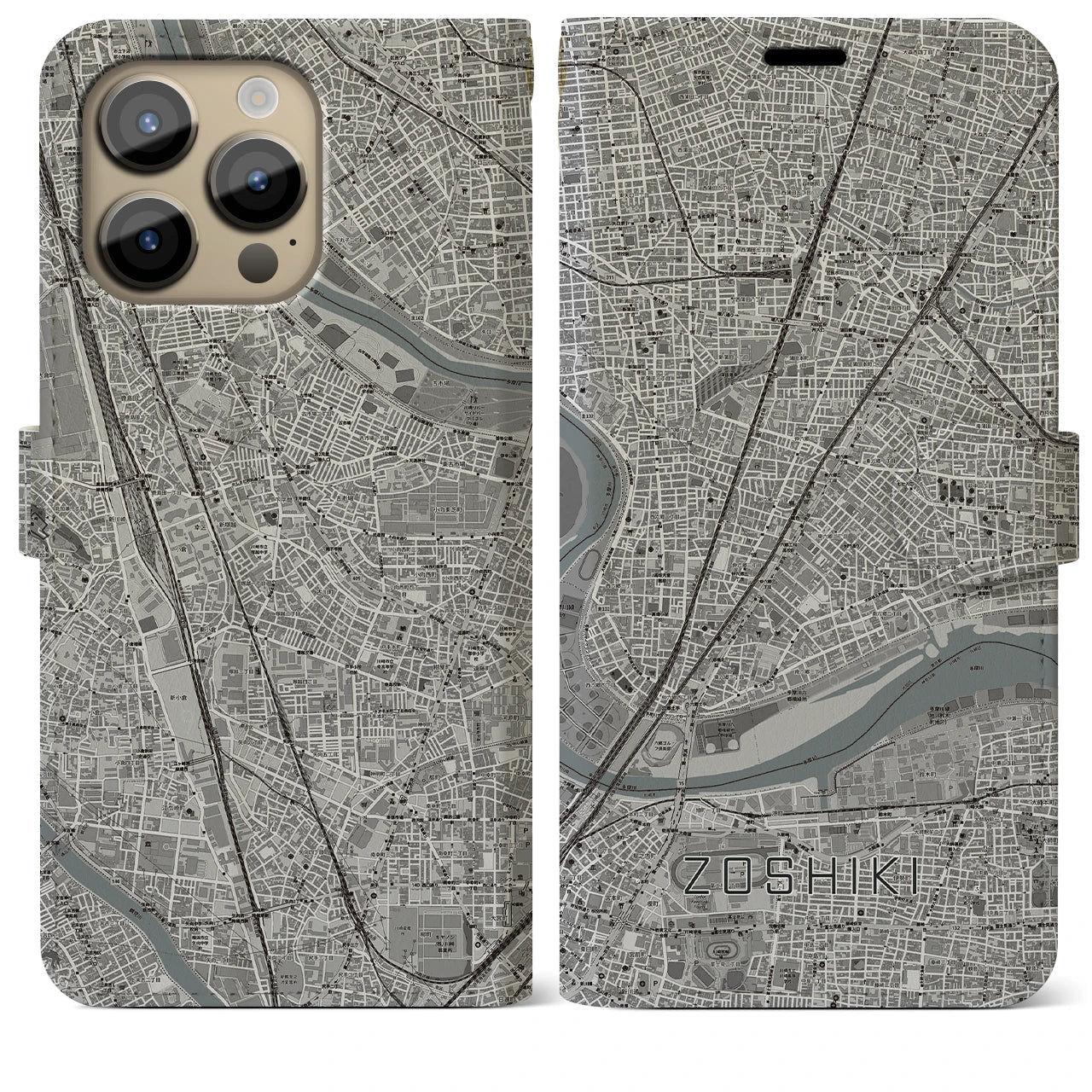 【雑色(東京都)】地図柄iPhoneケース(手帳タイプ)モノトーン・iPhone 14 Pro Max 用