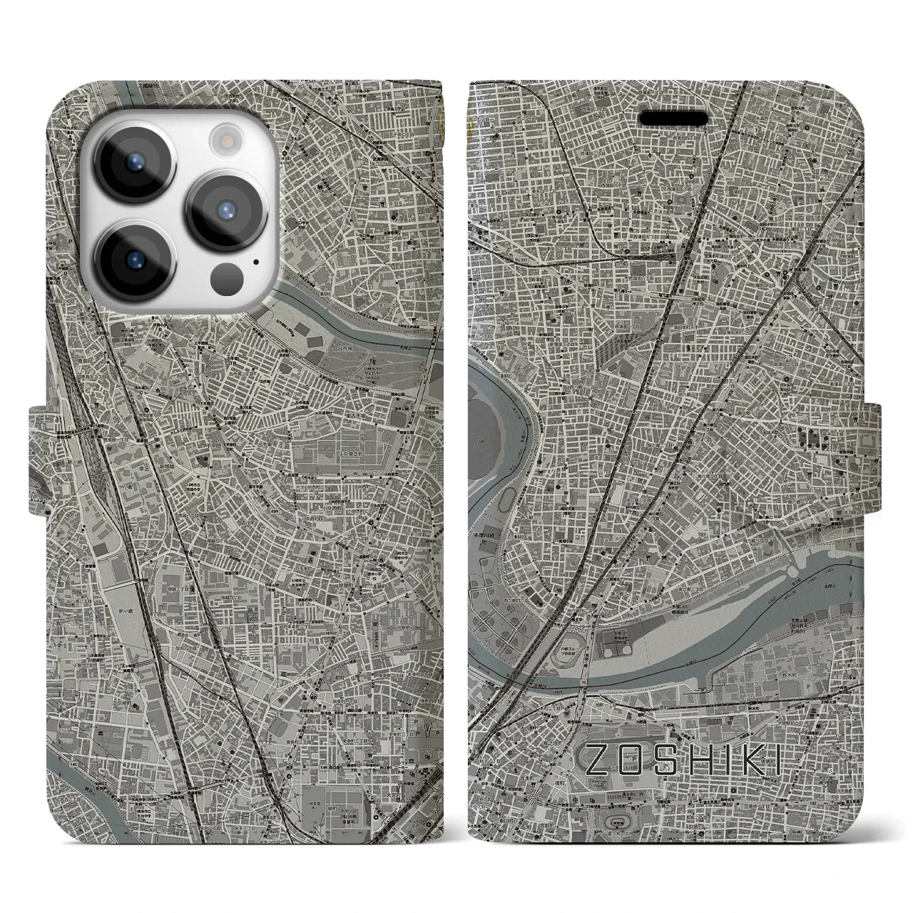 【雑色(東京都)】地図柄iPhoneケース(手帳タイプ)モノトーン・iPhone 14 Pro 用