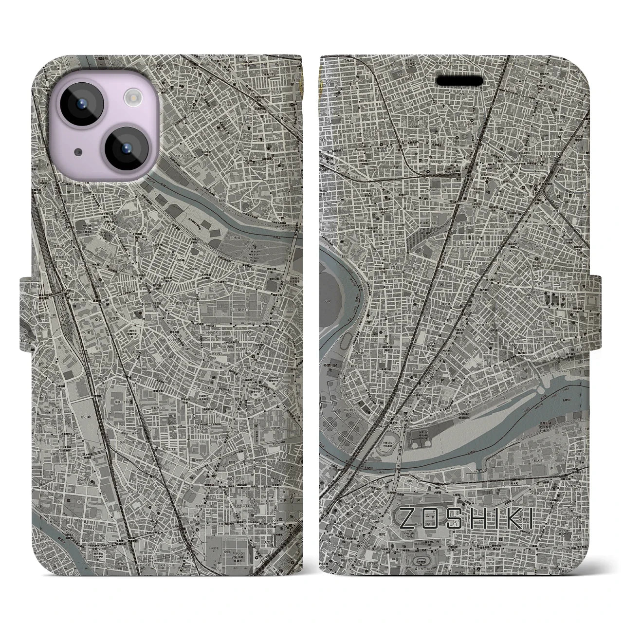 【雑色(東京都)】地図柄iPhoneケース(手帳タイプ)モノトーン・iPhone 14 用