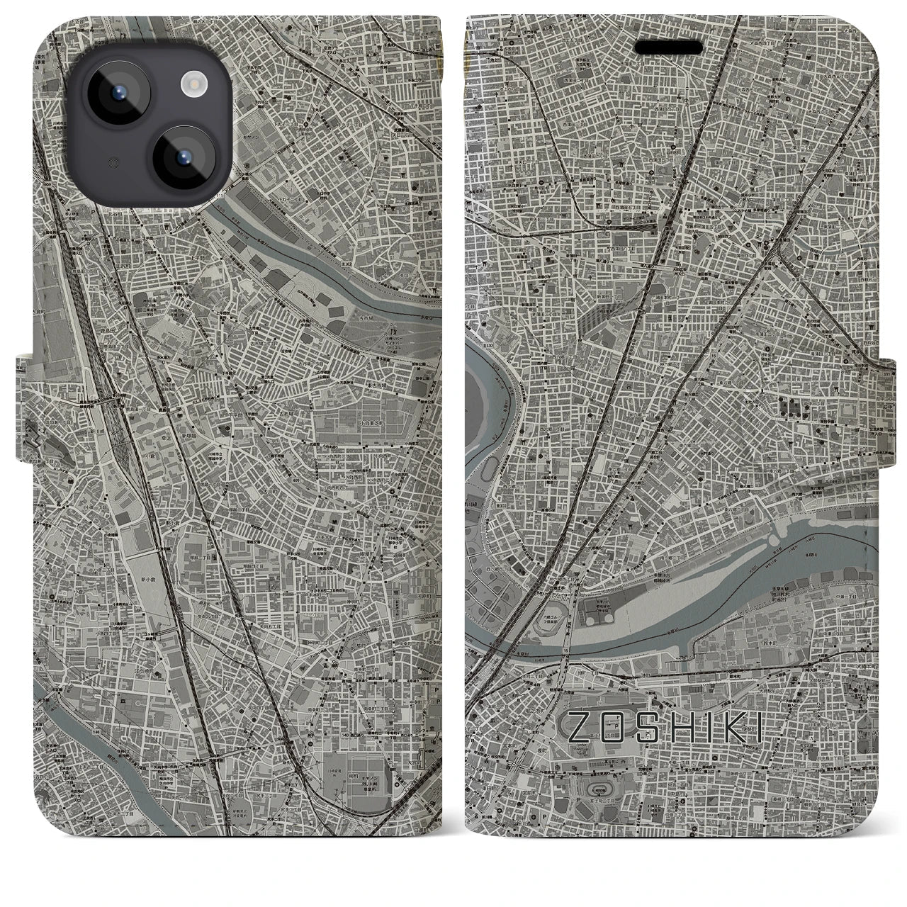 【雑色(東京都)】地図柄iPhoneケース(手帳タイプ)モノトーン・iPhone 14 Plus 用