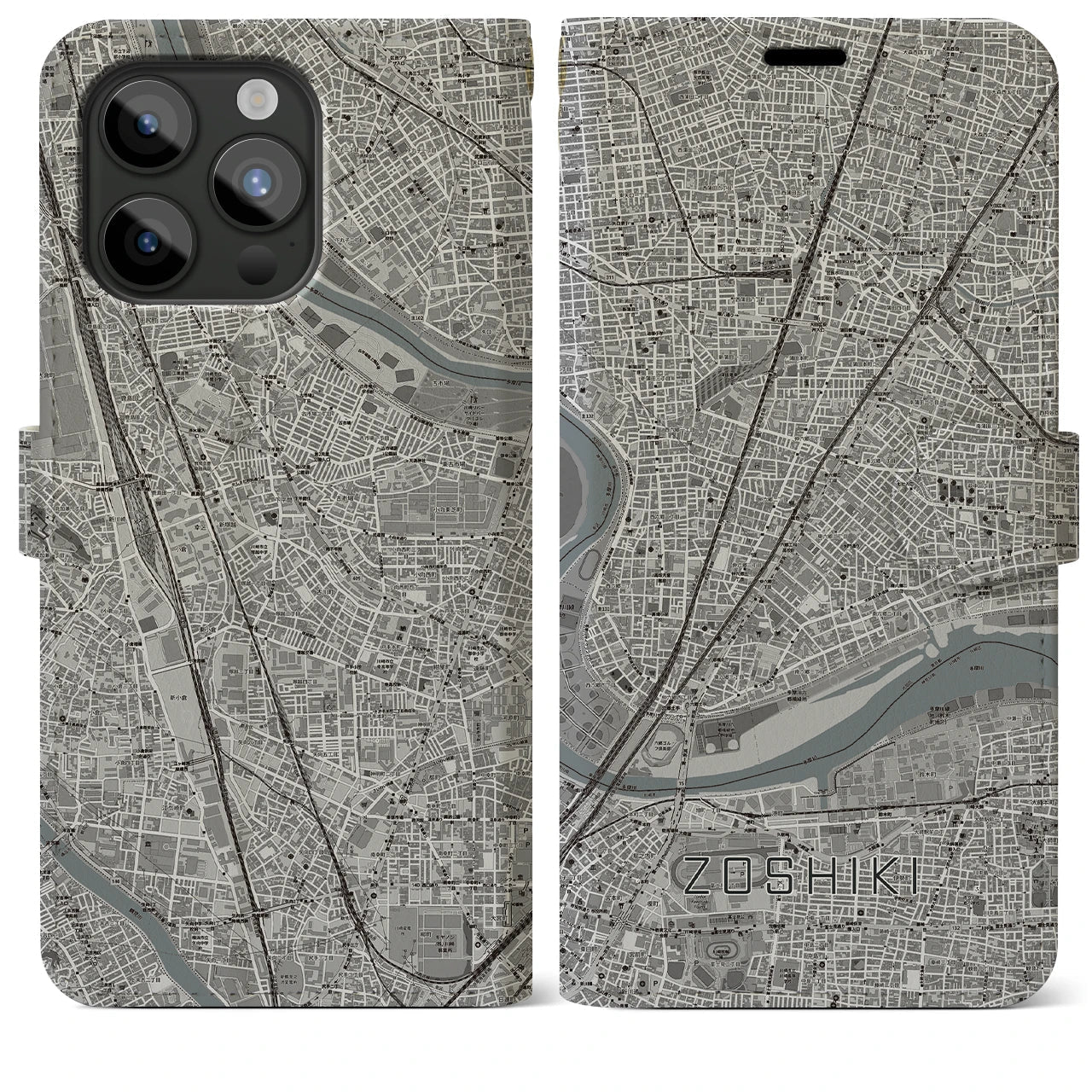 【雑色(東京都)】地図柄iPhoneケース(手帳タイプ)モノトーン・iPhone 15 Pro Max 用