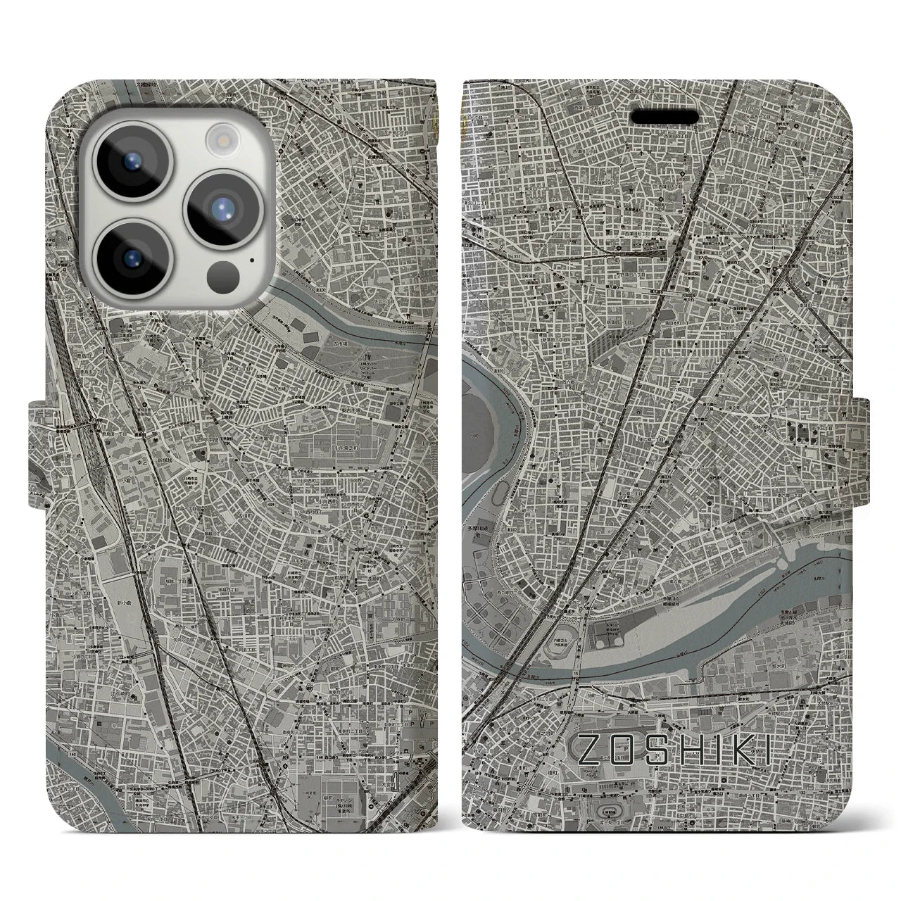 【雑色(東京都)】地図柄iPhoneケース(手帳タイプ)モノトーン・iPhone 15 Pro 用