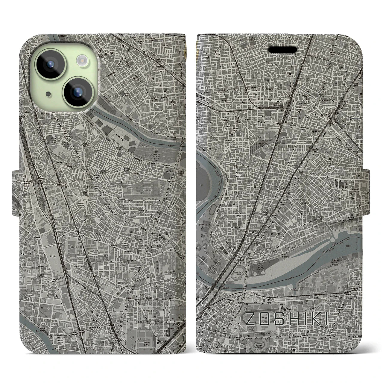 【雑色(東京都)】地図柄iPhoneケース(手帳タイプ)モノトーン・iPhone 15 用