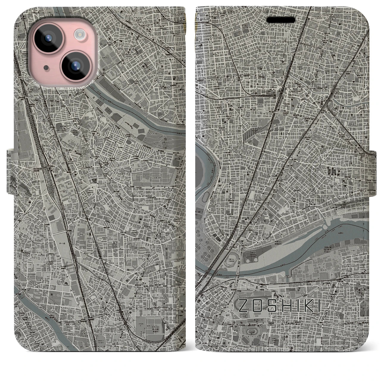 【雑色(東京都)】地図柄iPhoneケース(手帳タイプ)モノトーン・iPhone 15 Plus 用
