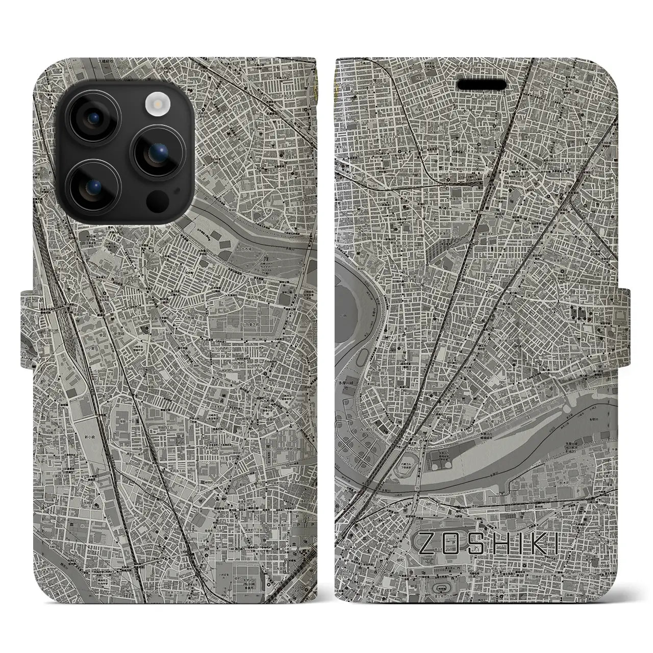 【雑色(東京都)】地図柄iPhoneケース(手帳タイプ)モノトーン・iPhone 16 用
