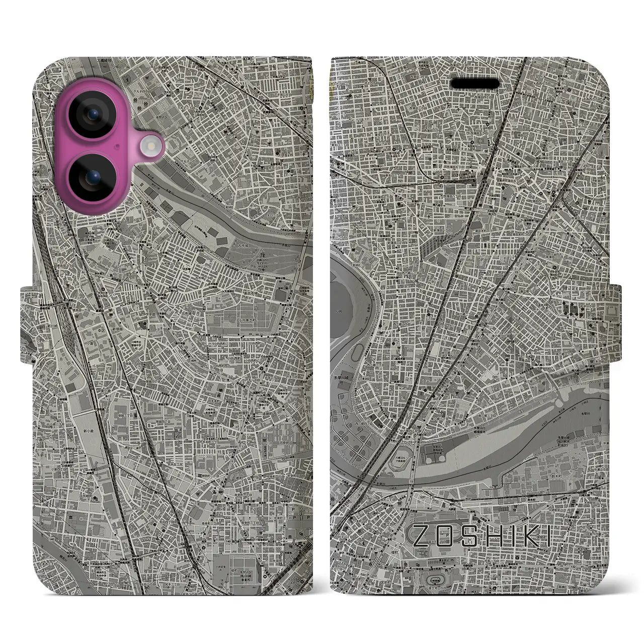 【雑色(東京都)】地図柄iPhoneケース(手帳タイプ)モノトーン・iPhone 16 Pro 用