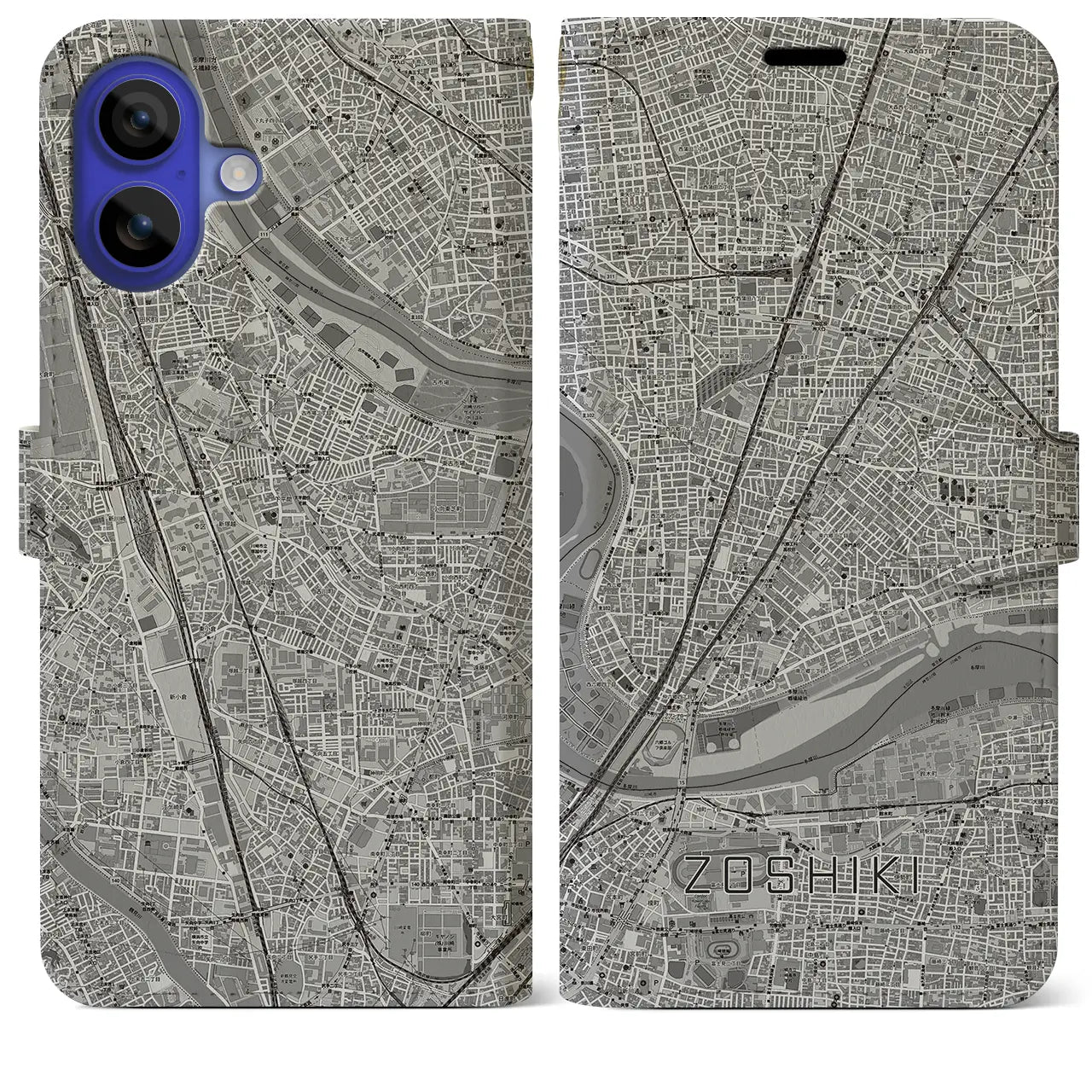 【雑色(東京都)】地図柄iPhoneケース(手帳タイプ)モノトーン・iPhone 16 Pro Max 用