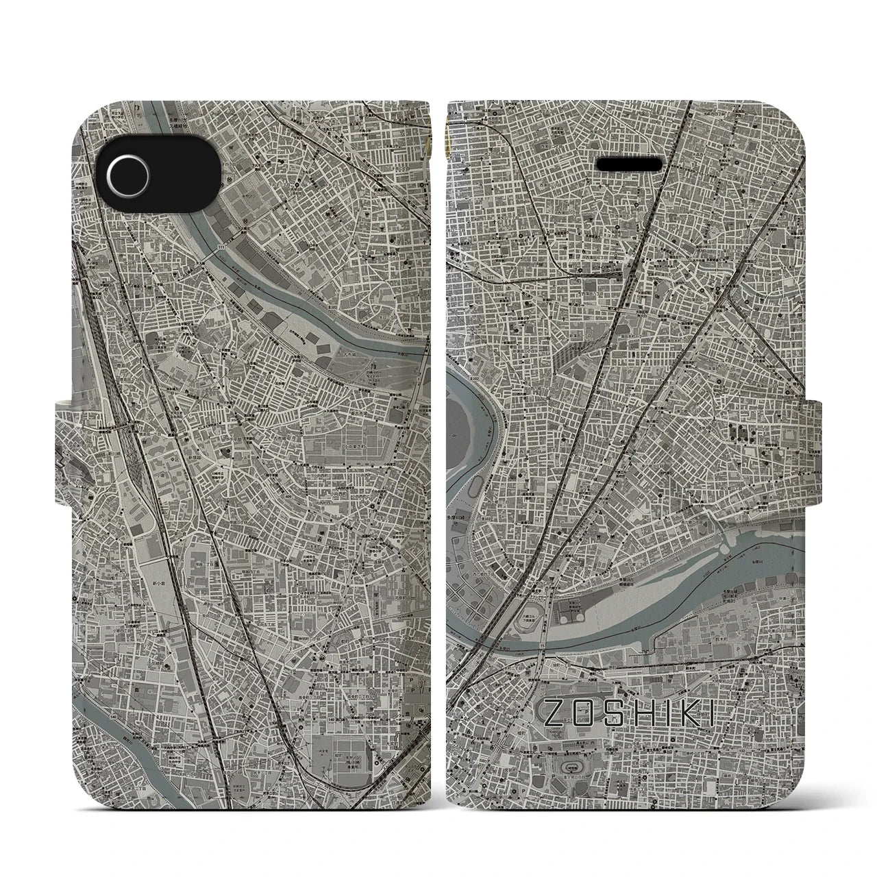 【雑色(東京都)】地図柄iPhoneケース(手帳タイプ)モノトーン・iPhone SE(第3 / 第2世代) / 8 / 7 / 6s / 6 用