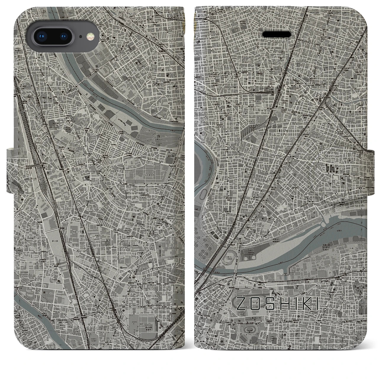 【雑色(東京都)】地図柄iPhoneケース(手帳タイプ)モノトーン・iPhone 8Plus /7Plus / 6sPlus / 6Plus 用