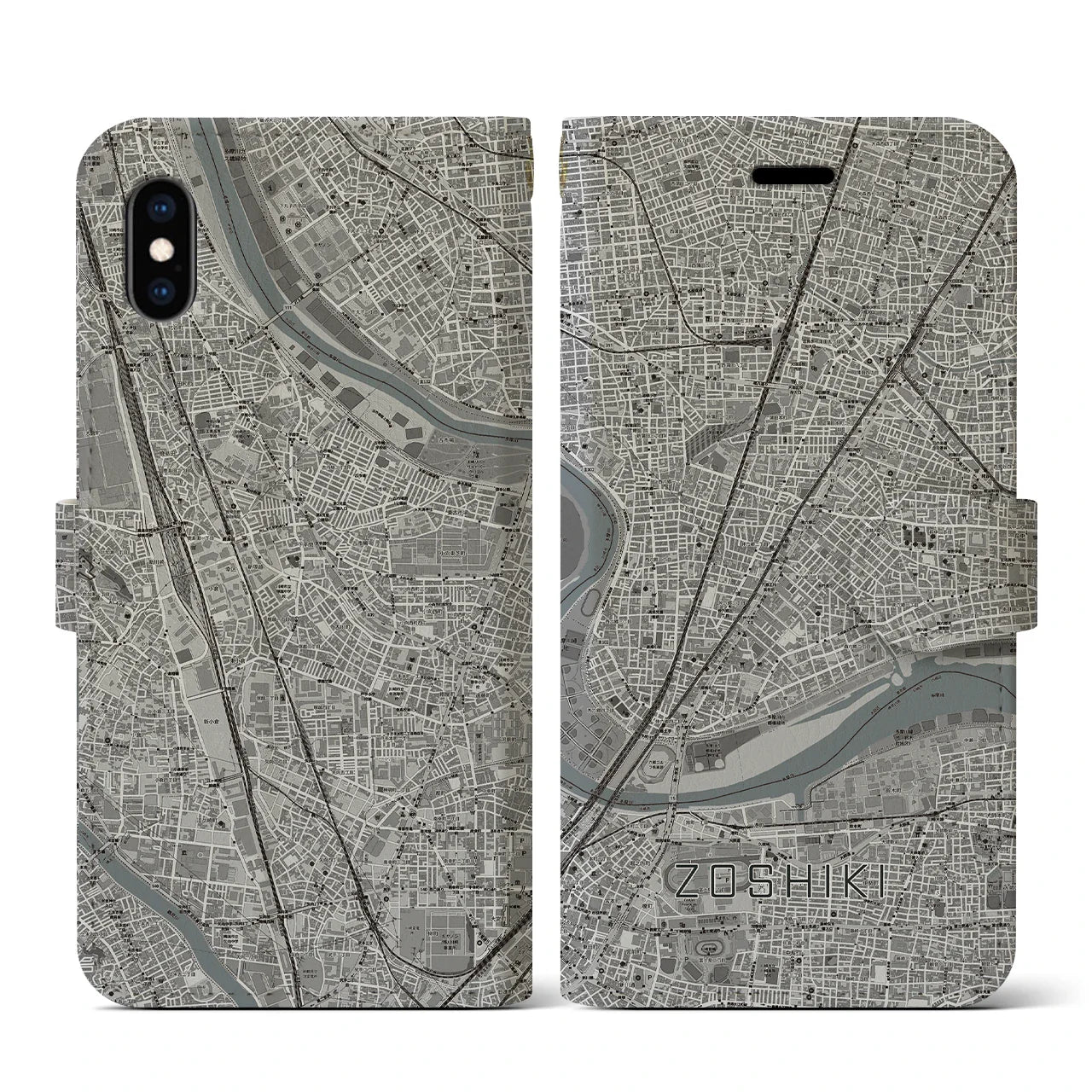 【雑色(東京都)】地図柄iPhoneケース(手帳タイプ)モノトーン・iPhone XS / X 用
