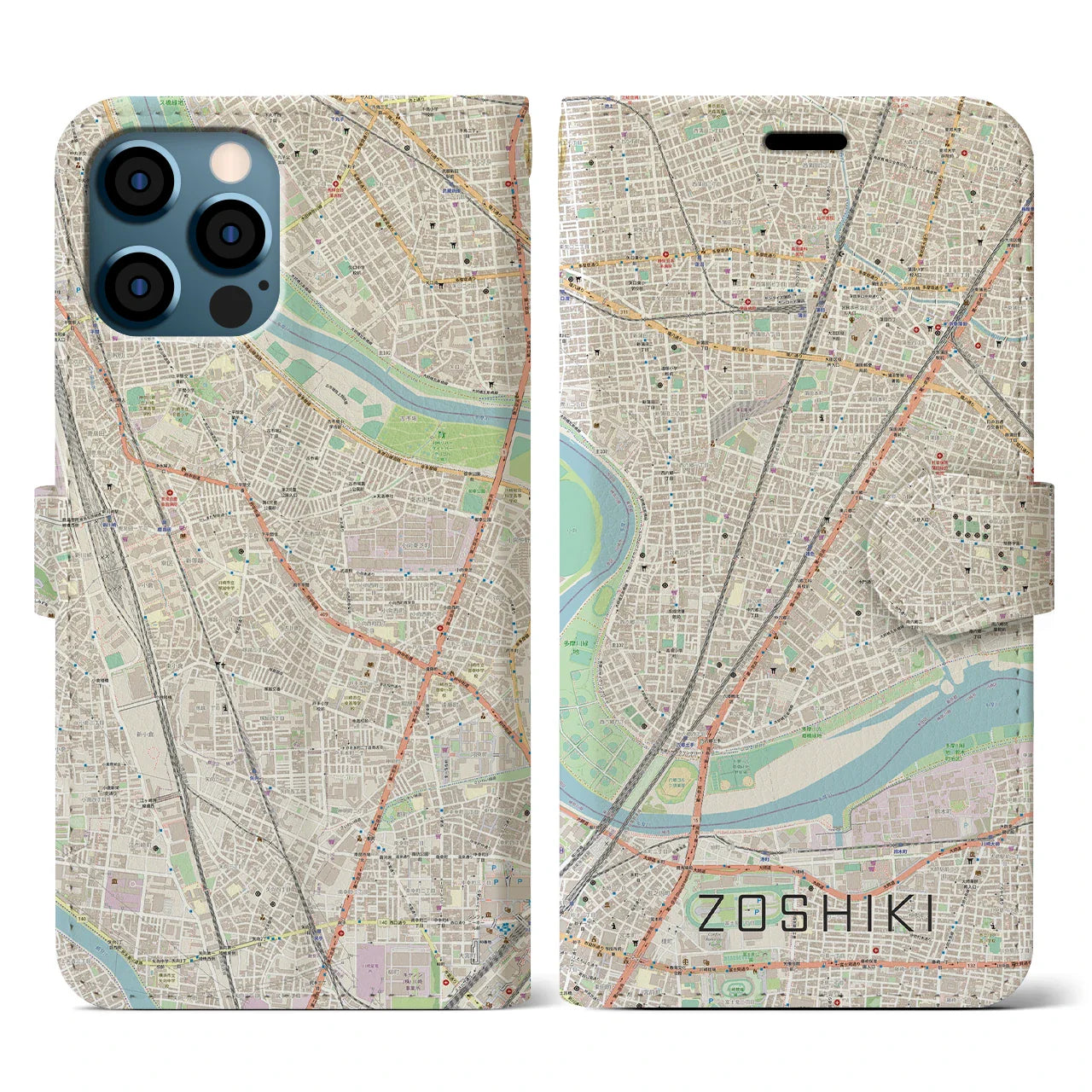 【雑色(東京都)】地図柄iPhoneケース(手帳タイプ)ナチュラル・iPhone 12 / 12 Pro 用