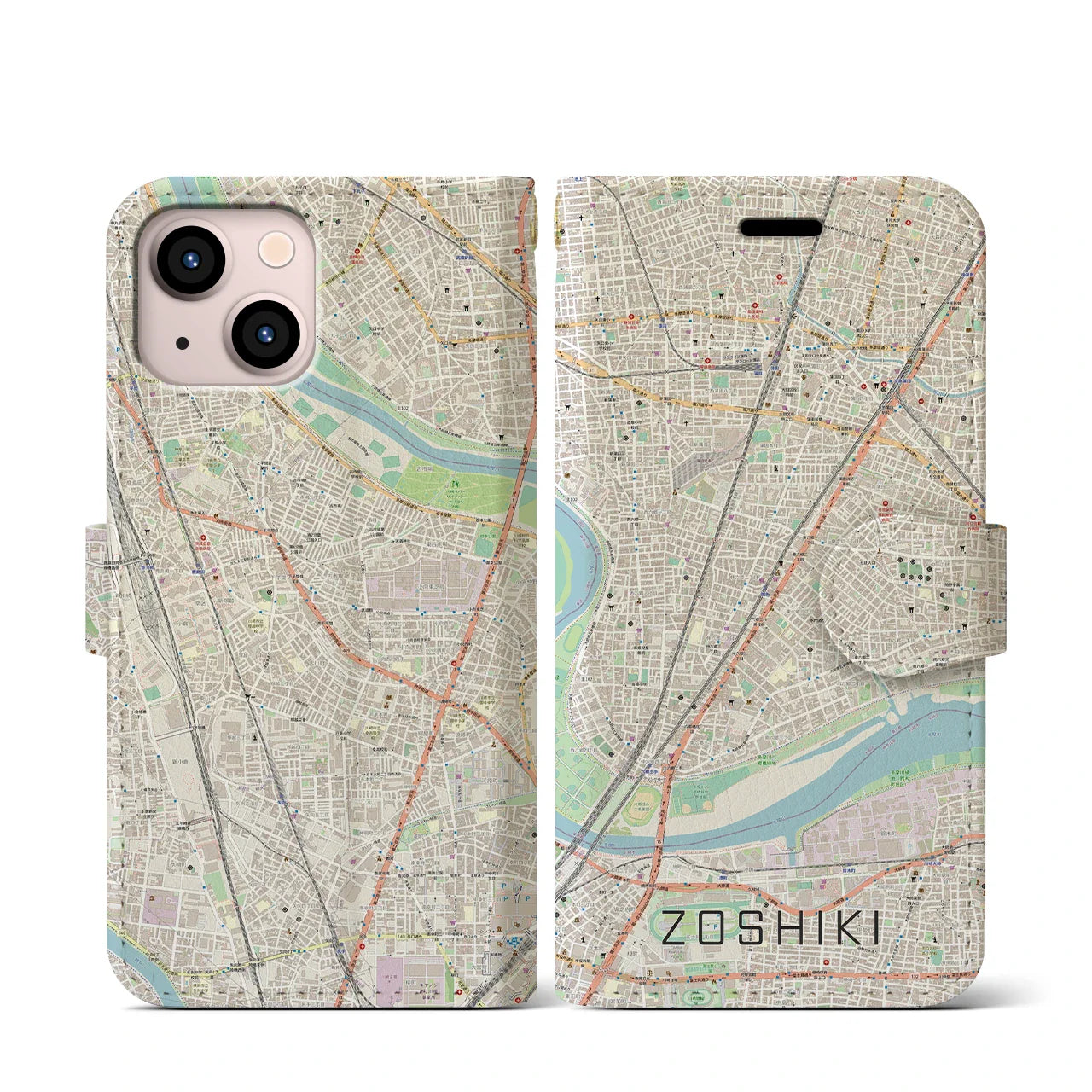 【雑色(東京都)】地図柄iPhoneケース(手帳タイプ)ナチュラル・iPhone 13 mini 用