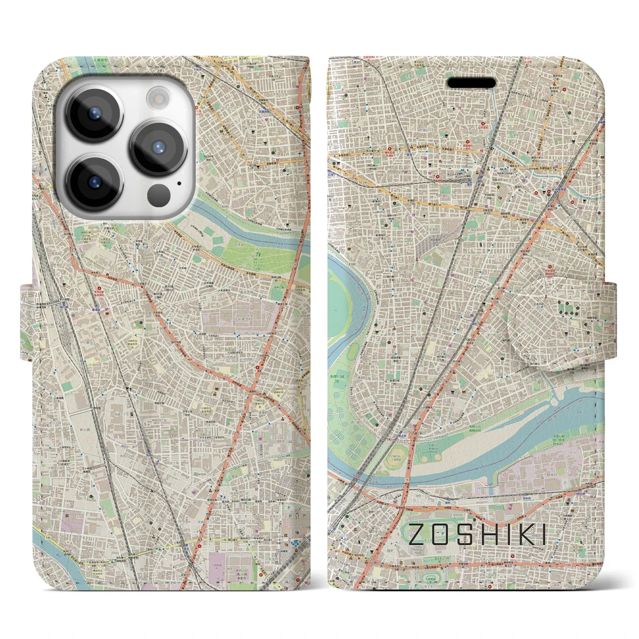 【雑色(東京都)】地図柄iPhoneケース(手帳タイプ)ナチュラル・iPhone 14 Pro 用