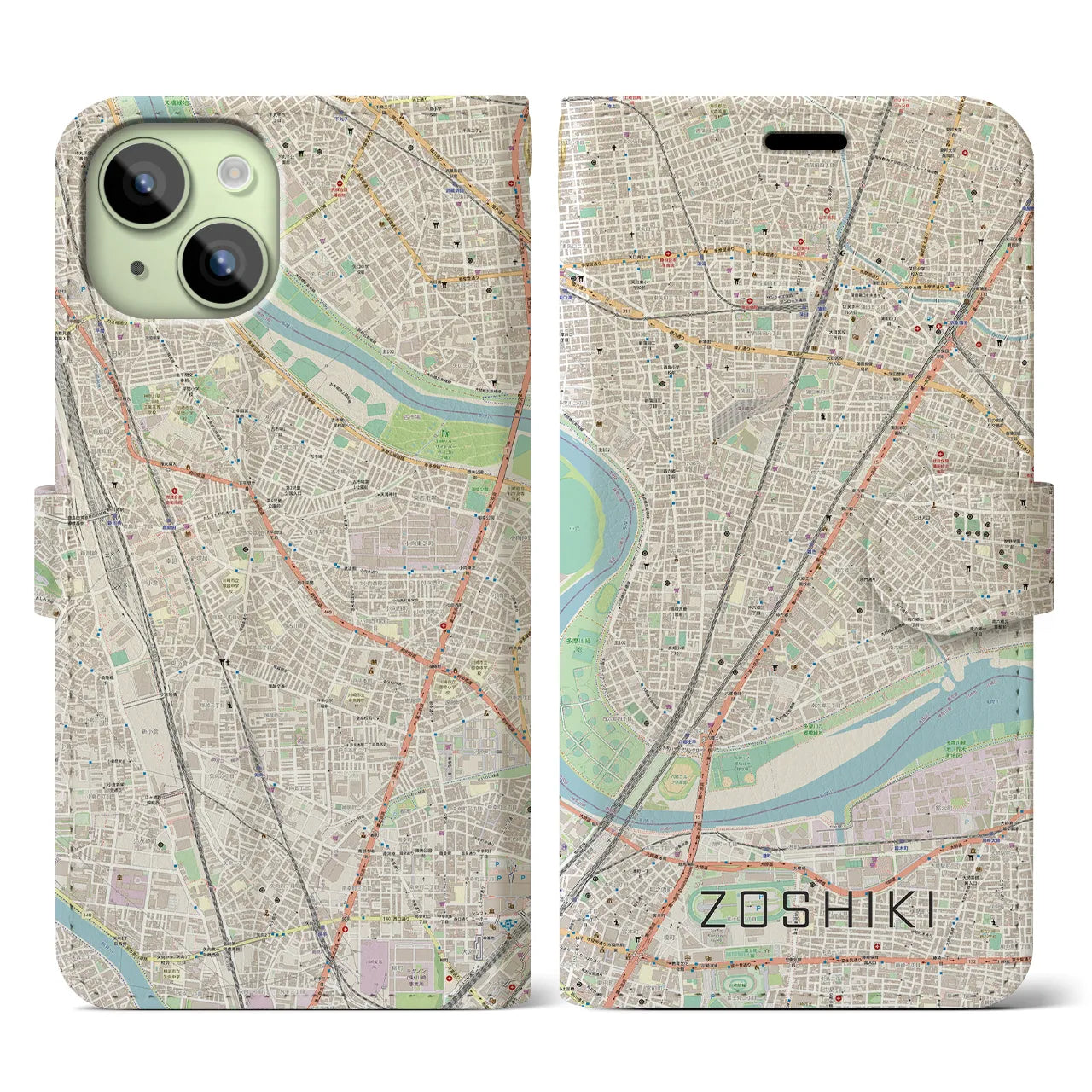 【雑色(東京都)】地図柄iPhoneケース(手帳タイプ)ナチュラル・iPhone 15 用