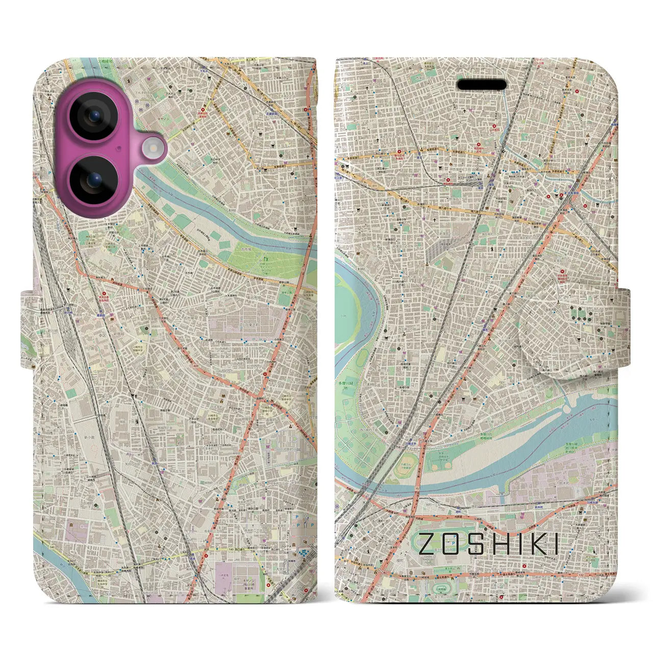 【雑色(東京都)】地図柄iPhoneケース(手帳タイプ)ナチュラル・iPhone 16 Pro 用