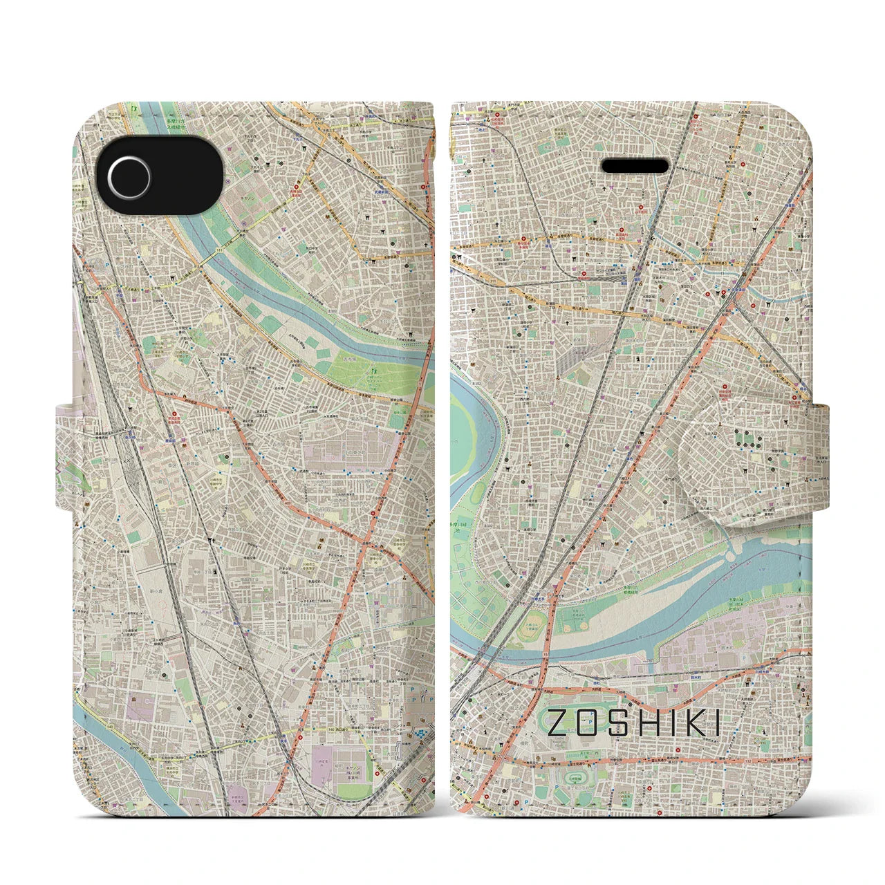 【雑色(東京都)】地図柄iPhoneケース(手帳タイプ)ナチュラル・iPhone SE(第3 / 第2世代) / 8 / 7 / 6s / 6 用