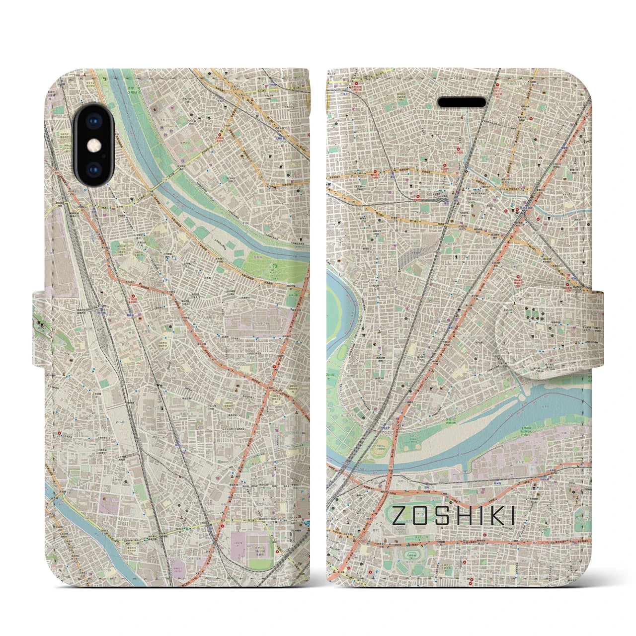 【雑色(東京都)】地図柄iPhoneケース(手帳タイプ)ナチュラル・iPhone XS / X 用