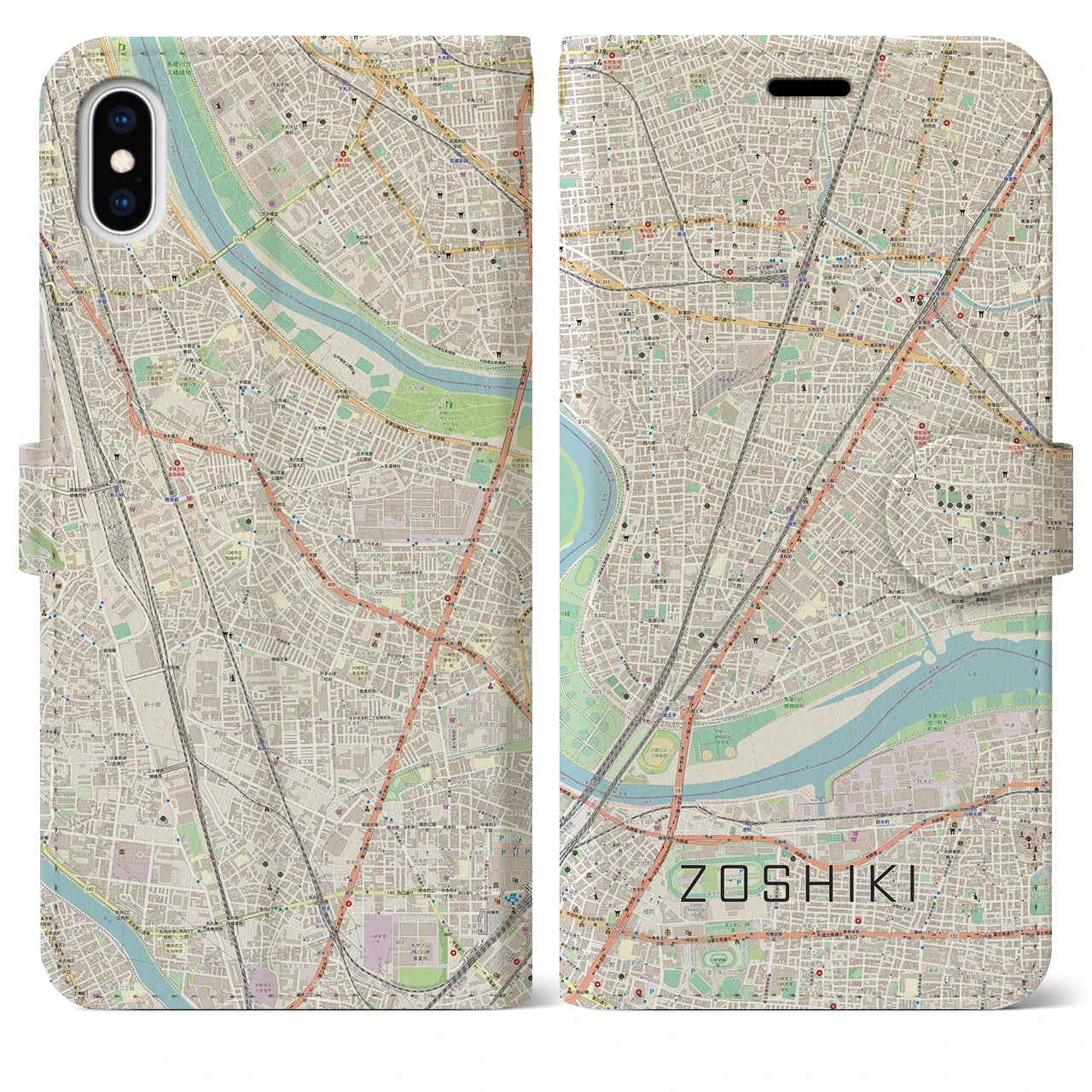 【雑色(東京都)】地図柄iPhoneケース(手帳タイプ)ナチュラル・iPhone XS Max 用
