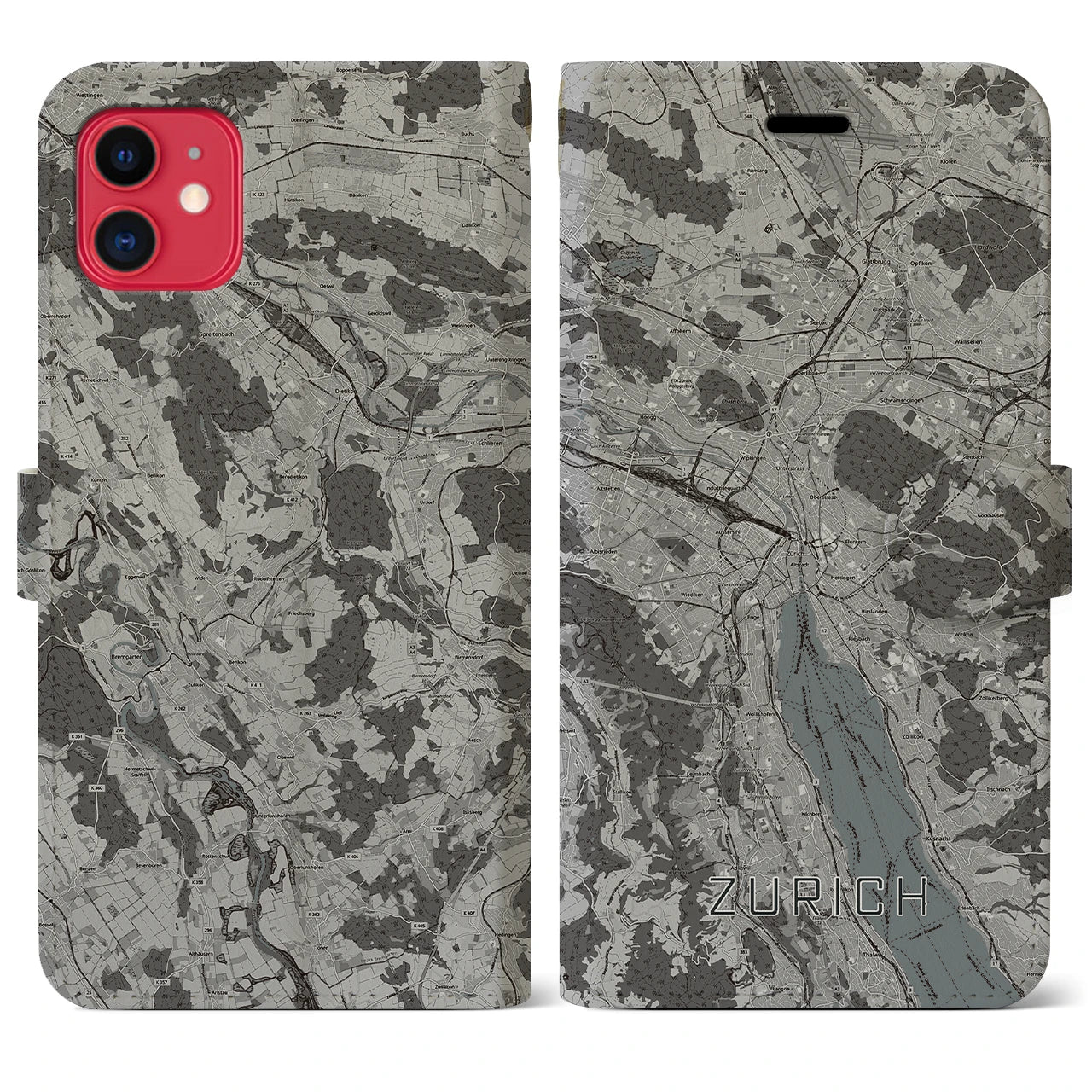 【チューリッヒ(スイス)】地図柄iPhoneケース(手帳タイプ)モノトーン・iPhone 11 用