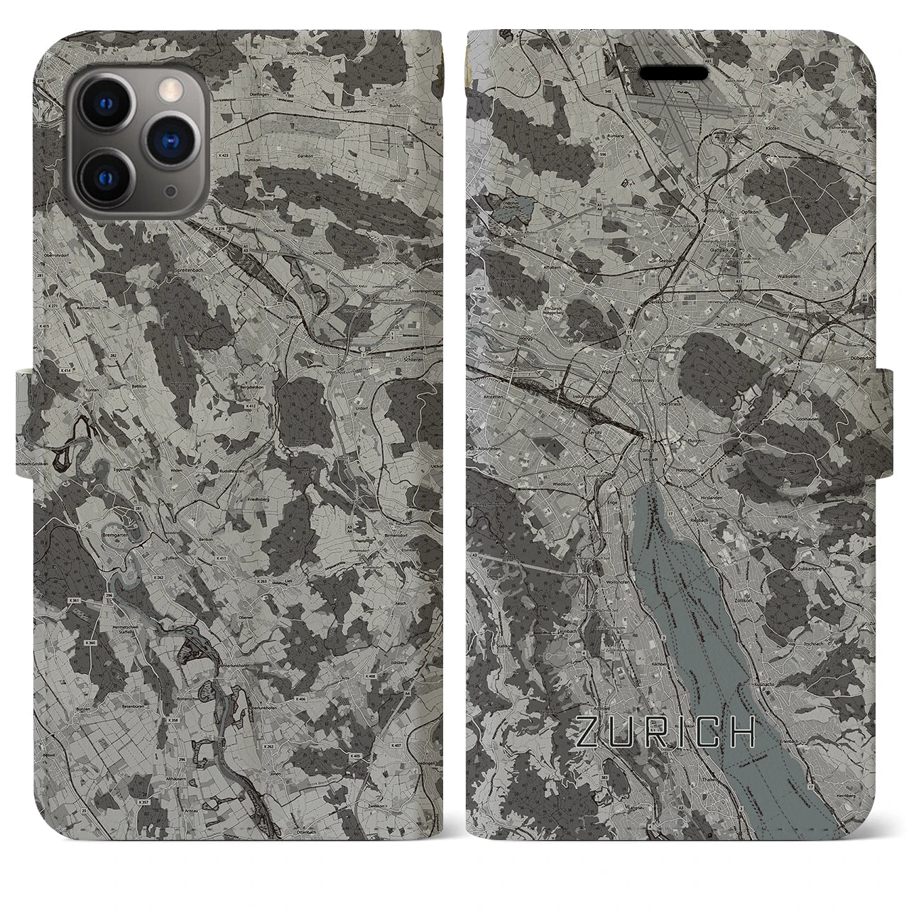 【チューリッヒ(スイス)】地図柄iPhoneケース(手帳タイプ)モノトーン・iPhone 11 Pro Max 用