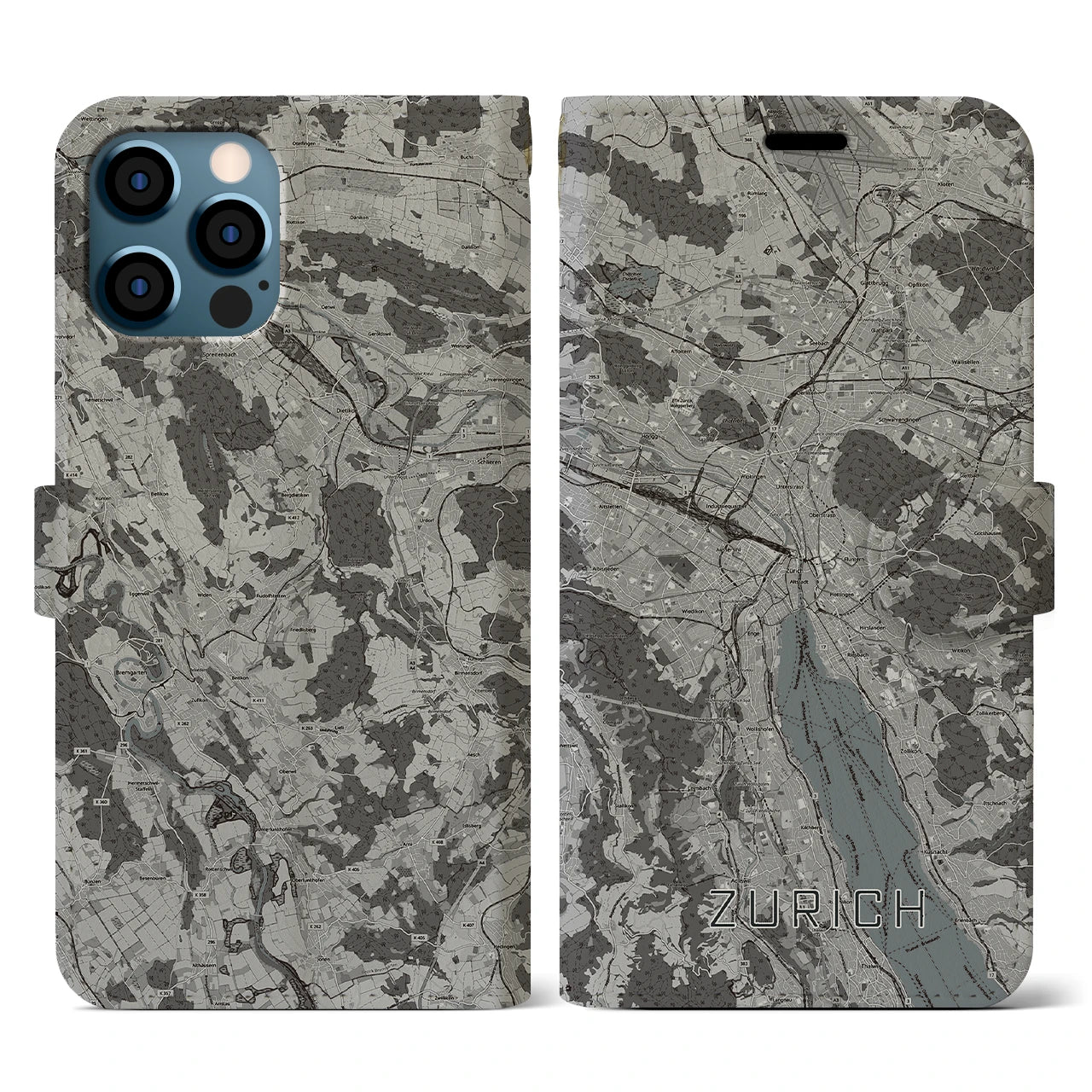 【チューリッヒ(スイス)】地図柄iPhoneケース(手帳タイプ)モノトーン・iPhone 12 / 12 Pro 用