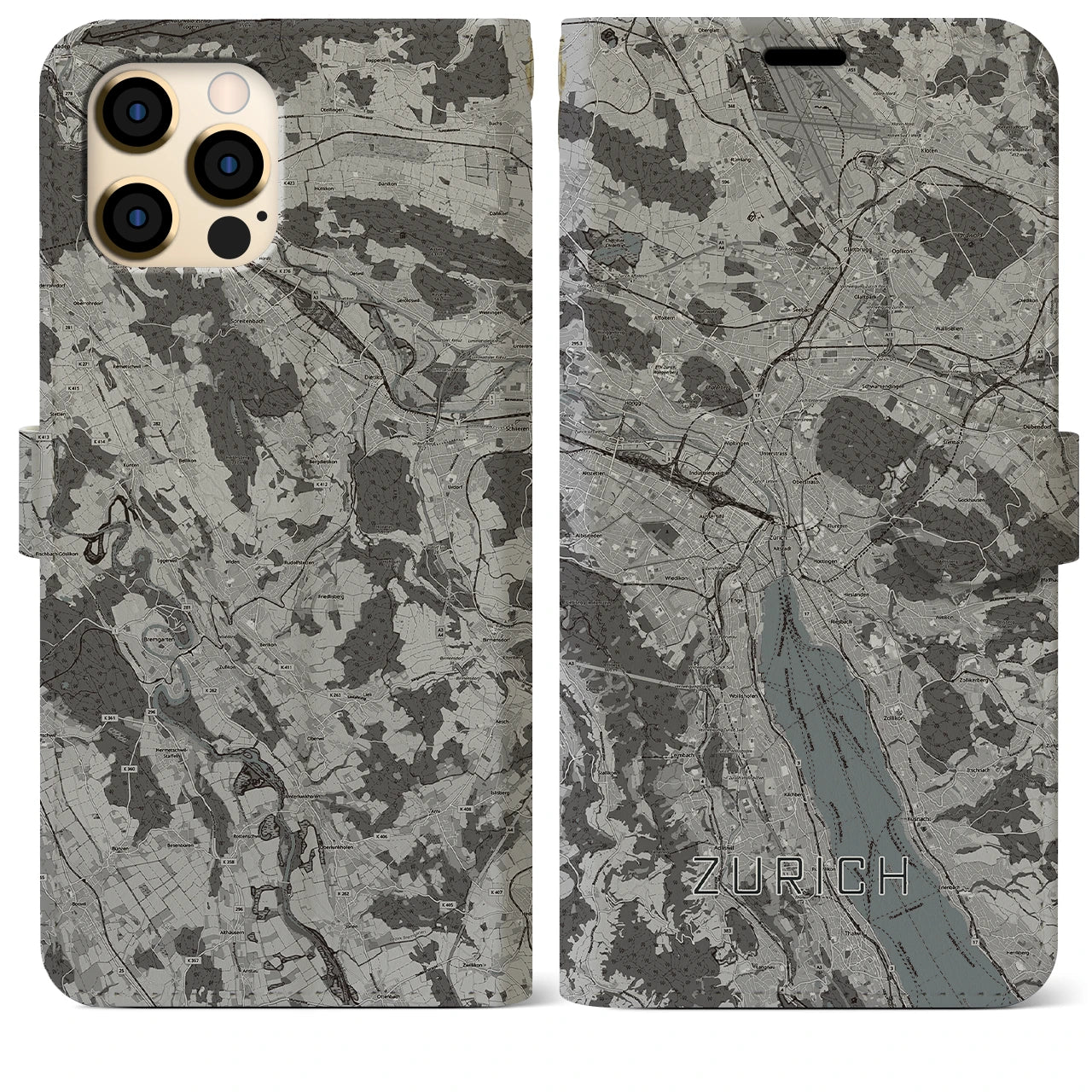 【チューリッヒ(スイス)】地図柄iPhoneケース(手帳タイプ)モノトーン・iPhone 12 Pro Max 用